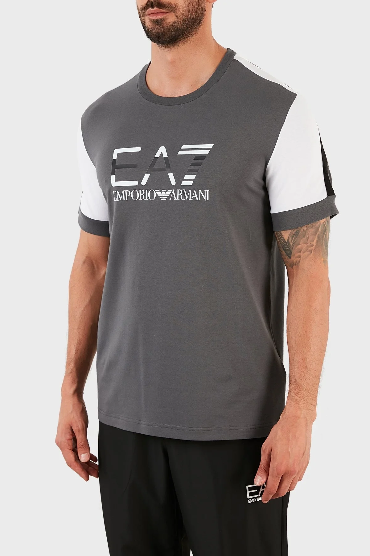 EA7 Logolu Pamuklu Bisiklet Yaka Erkek T Shirt S 3KPT68 PJ5MZ 1977 GRİ - 3