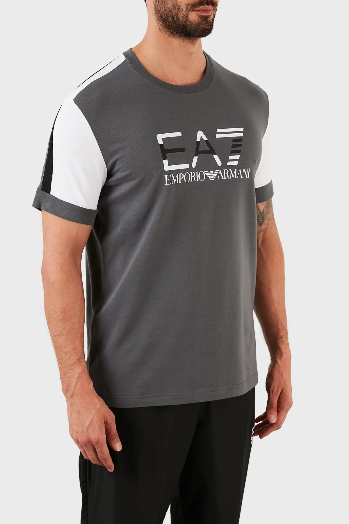 EA7 Logolu Pamuklu Bisiklet Yaka Erkek T Shirt S 3KPT68 PJ5MZ 1977 GRİ - 4