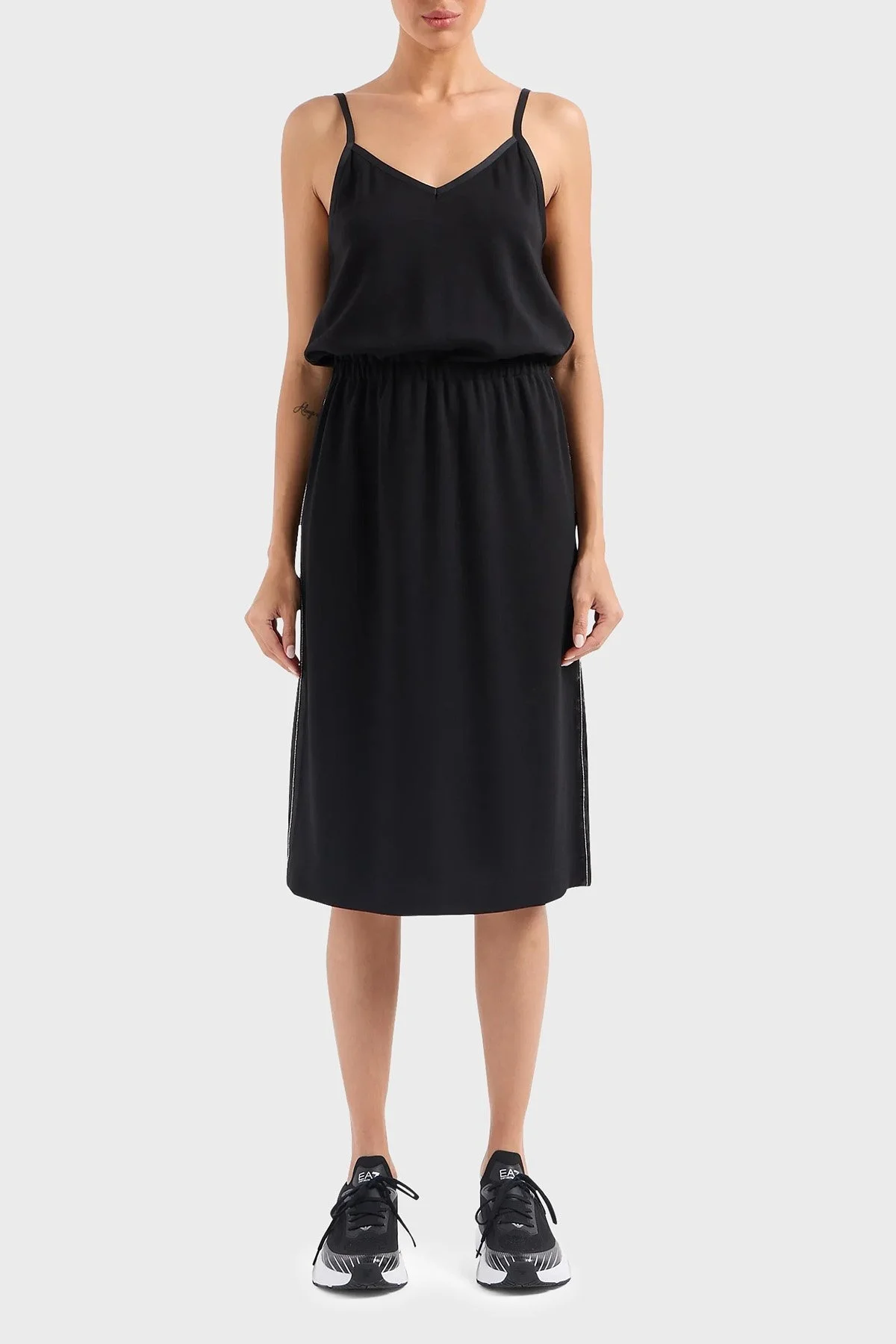 EA7 İp Askılı V Yaka Yırtmaçlı Midi Bayan Elbise 3DTA67 TJUDZ 1200 SİYAH - 1