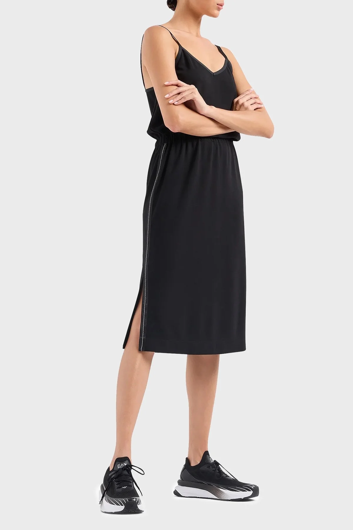 EA7 İp Askılı V Yaka Yırtmaçlı Midi Bayan Elbise 3DTA67 TJUDZ 1200 SİYAH - 2