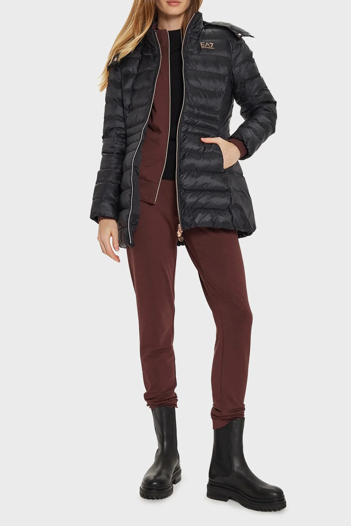 EA7 Kapitoneli Regular Fit Çıkarılabilir Kapüşonlu Şişme Kadın Mont 6DTK01 TN88Z 0210 SİYAH - 2