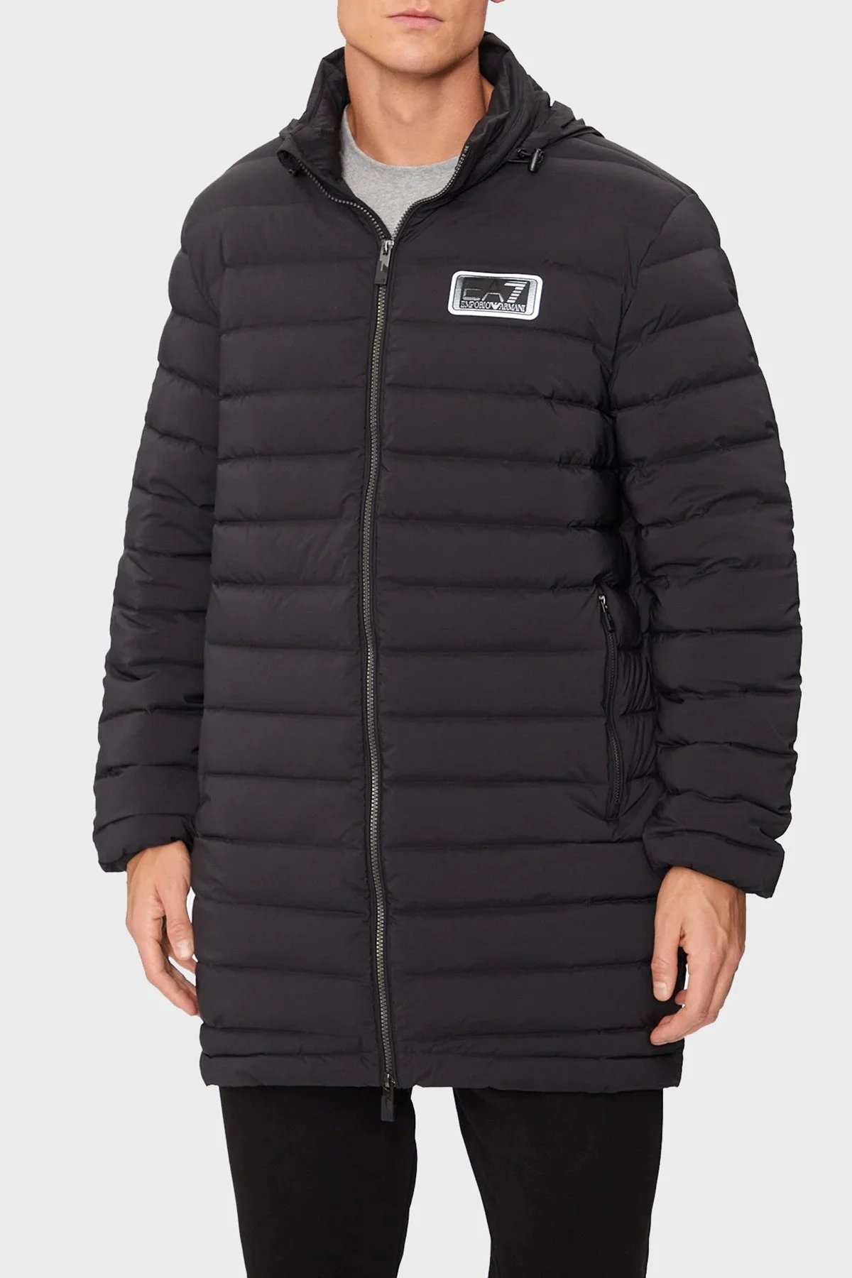 EA7 Kapitoneli Regular Fit Kuş Tüyü Dolgulu Gizli Kapüşonlu Uzun Şişme Erkek Mont 6DPK12 PNHAZ 1200 SİYAH - 1