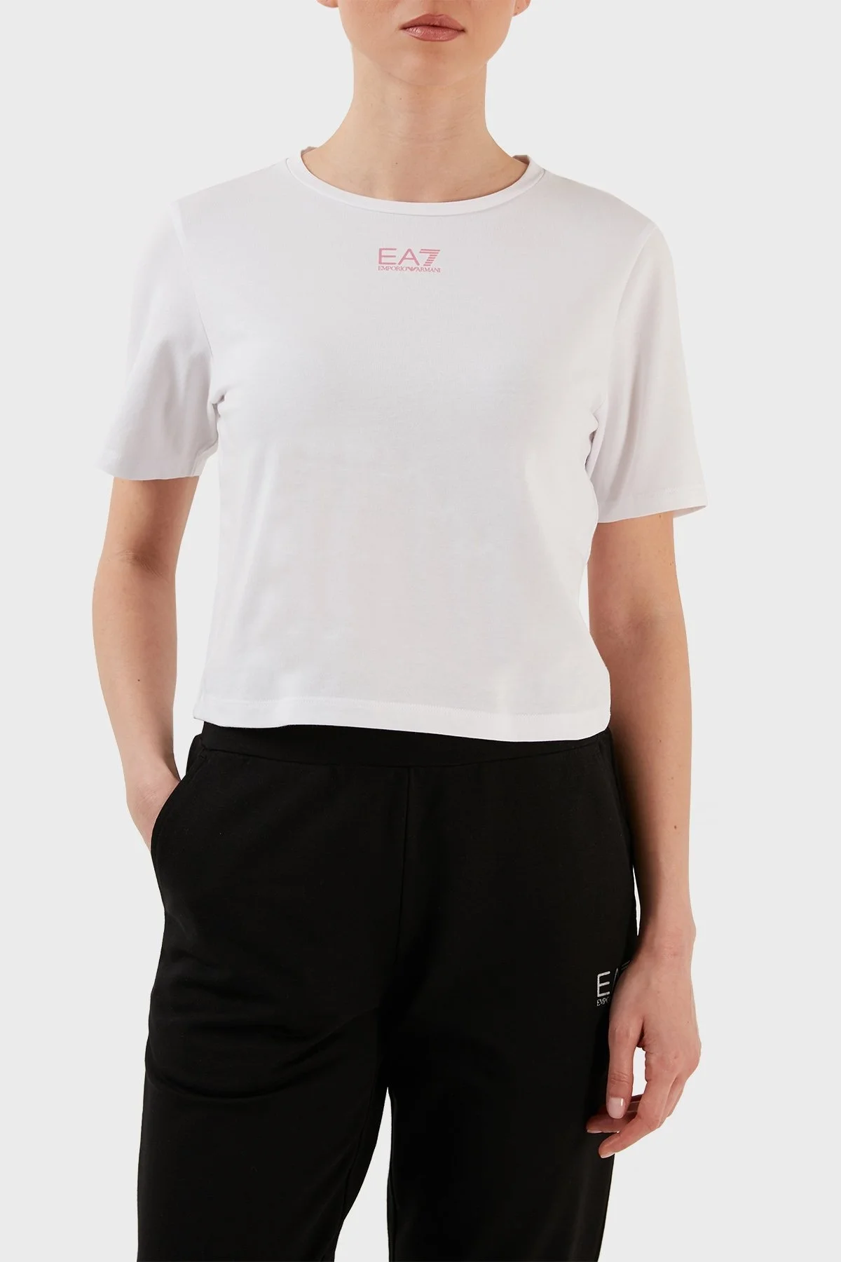 EA7 Logo Bantlı Bisiklet Yaka Pamuklu Regular Fit Bayan T Shirt 3RTT14 TJFKZ 0193 BEYAZ - 1