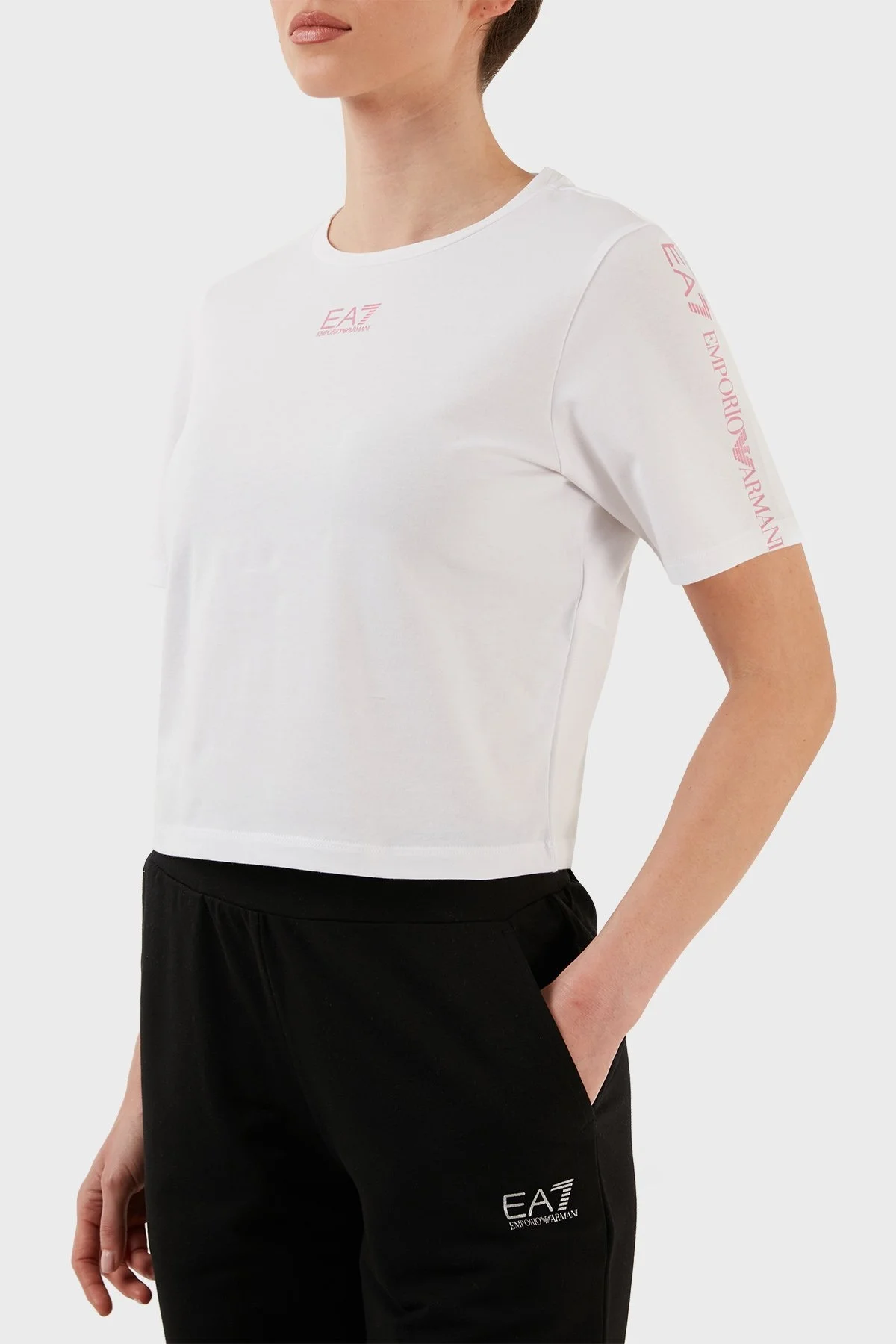 EA7 Logo Bantlı Bisiklet Yaka Pamuklu Regular Fit Bayan T Shirt 3RTT14 TJFKZ 0193 BEYAZ - 2