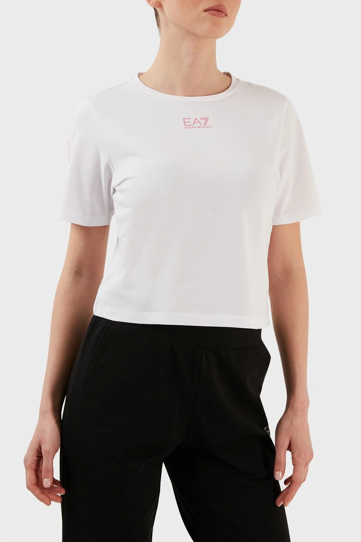 EA7 Logo Bantlı Bisiklet Yaka Pamuklu Regular Fit Bayan T Shirt 3RTT14 TJFKZ 0193 BEYAZ - 3