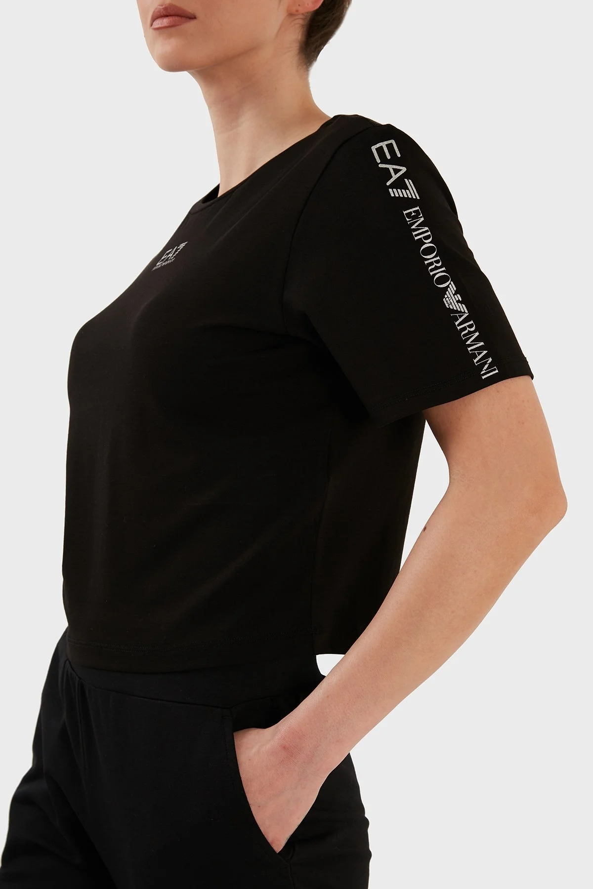 EA7 Logo Bantlı Bisiklet Yaka Pamuklu Regular Fit Bayan T Shirt 3RTT14 TJFKZ 0200 SİYAH - 6