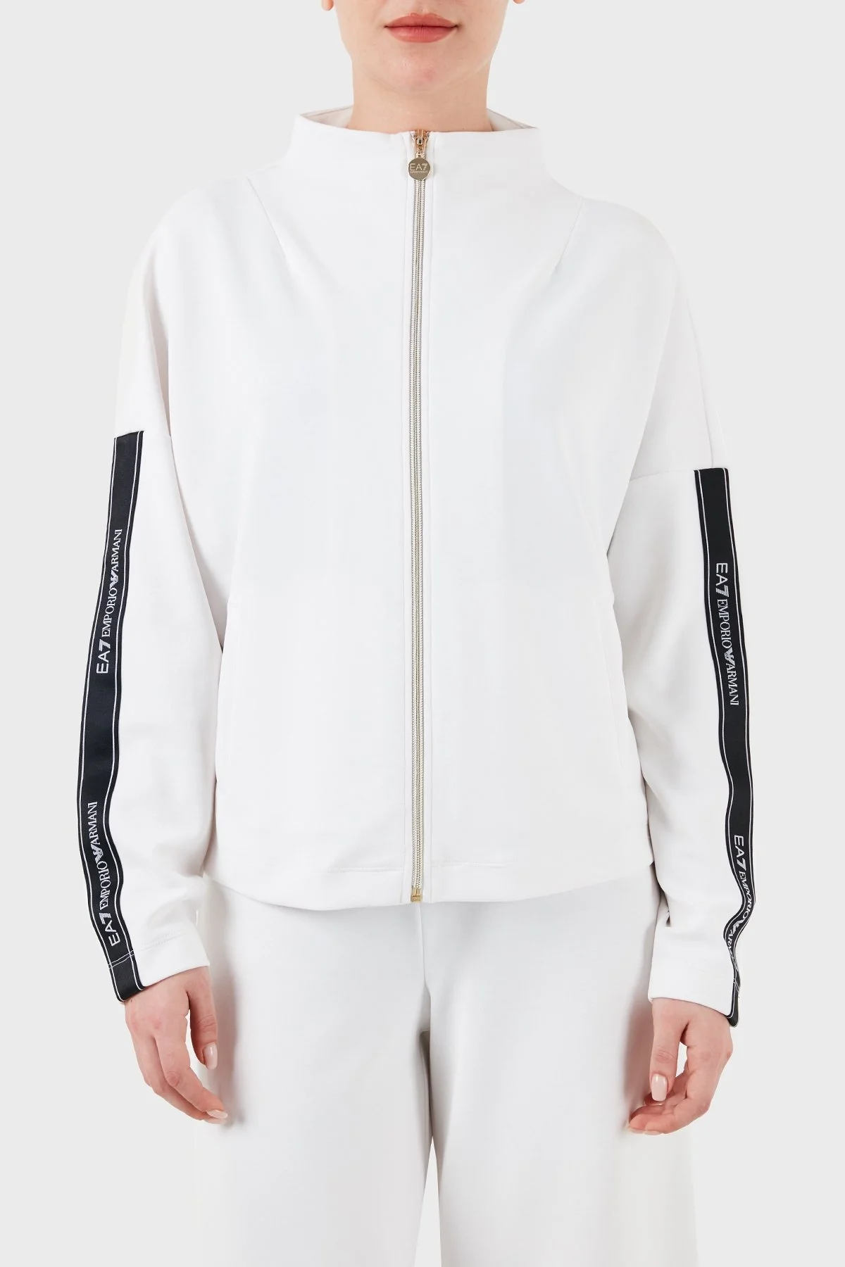 EA7 Logo Bantlı Fermuarlı Dik Yaka Cepli Regular Fit Bayan Sweat 3DTM24 TJDCZ 1100 BEYAZ - 1