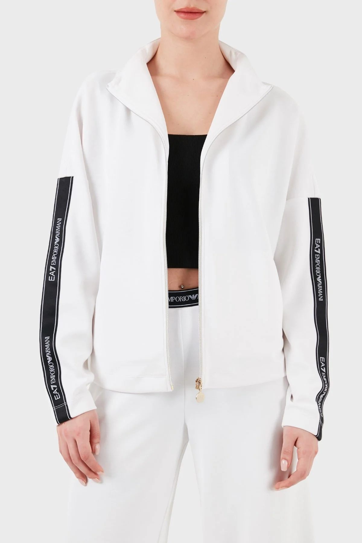 EA7 Logo Bantlı Fermuarlı Dik Yaka Cepli Regular Fit Bayan Sweat 3DTM24 TJDCZ 1100 BEYAZ - 3