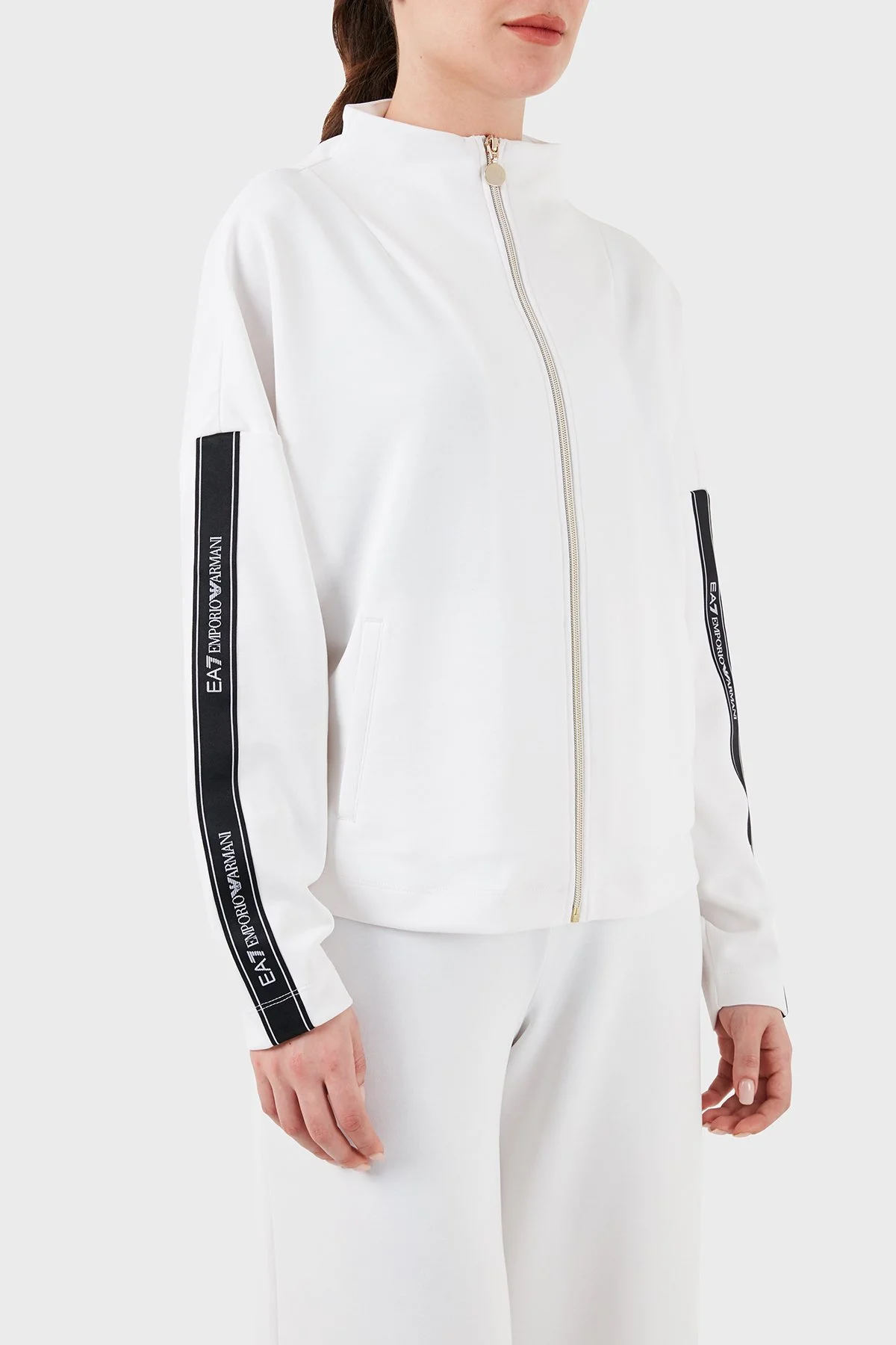 EA7 Logo Bantlı Fermuarlı Dik Yaka Cepli Regular Fit Kadın Sweat 3DTM24 TJDCZ 1100 BEYAZ - 2