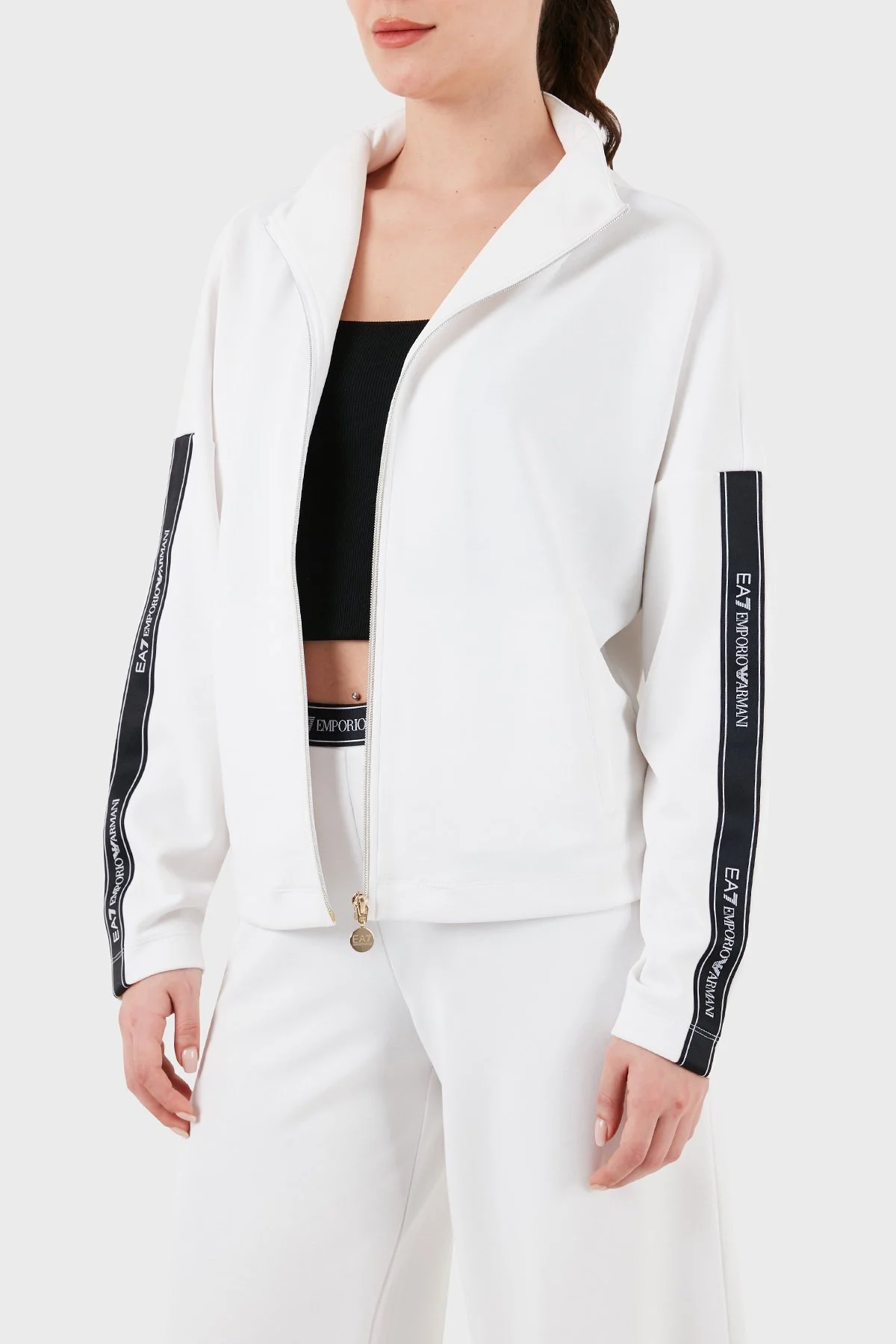 EA7 Logo Bantlı Fermuarlı Dik Yaka Cepli Regular Fit Kadın Sweat 3DTM24 TJDCZ 1100 BEYAZ - 4