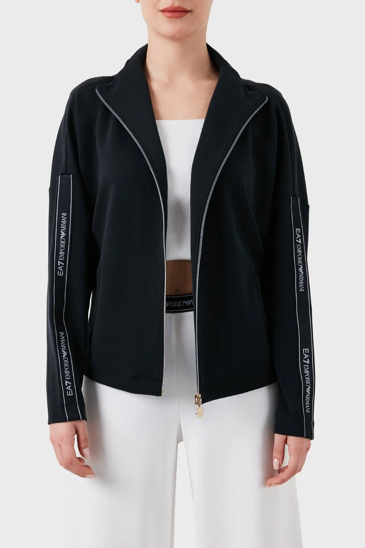 EA7 Logo Bantlı Fermuarlı Dik Yaka Cepli Regular Fit Bayan Sweat 3DTM24 TJDCZ 1200 SİYAH - 4