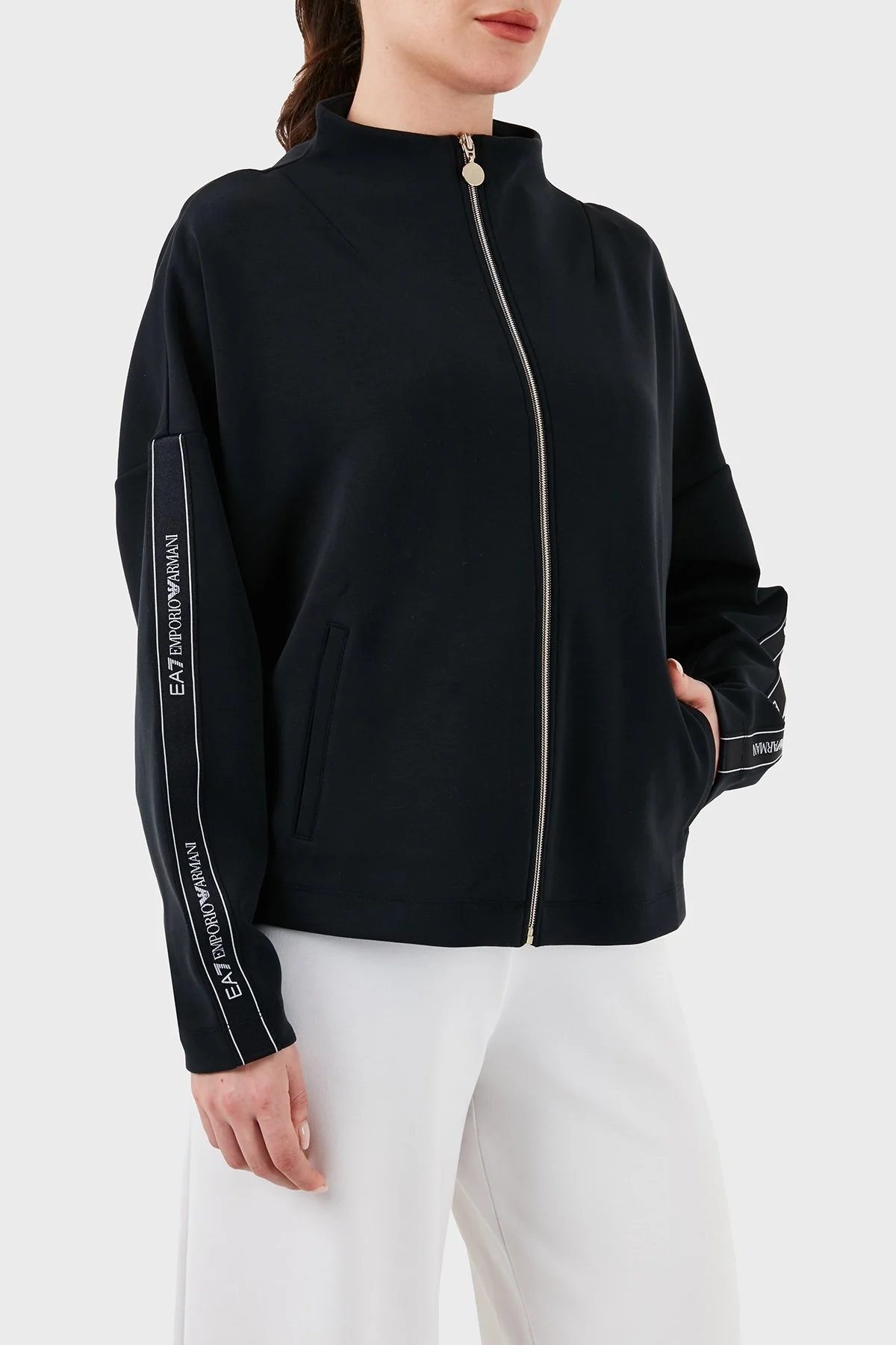 EA7 Logo Bantlı Fermuarlı Dik Yaka Cepli Regular Fit Bayan Sweat 3DTM24 TJDCZ 1200 SİYAH - 5