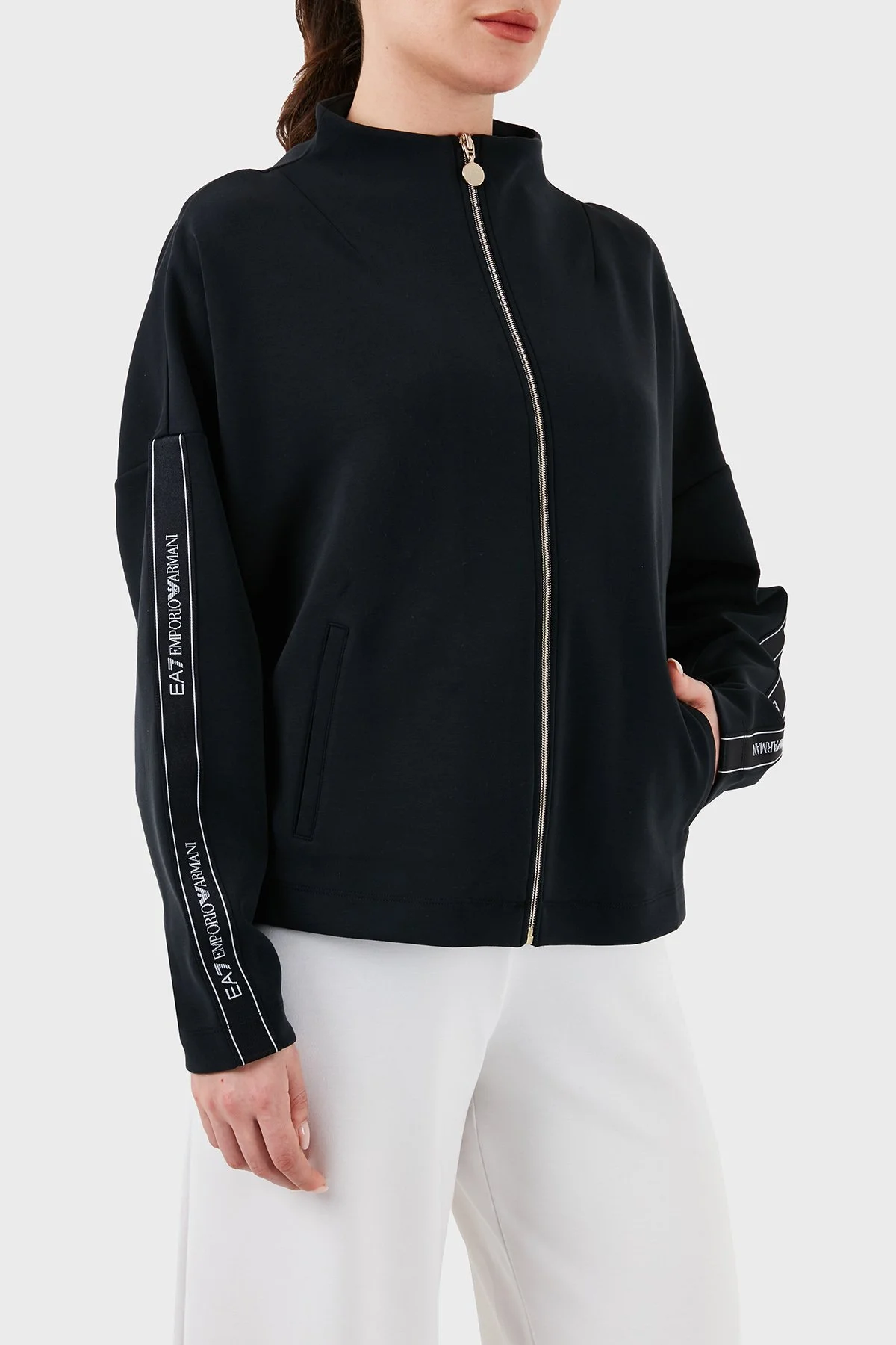 EA7 Logo Bantlı Fermuarlı Dik Yaka Cepli Regular Fit Kadın Sweat 3DTM24 TJDCZ 1200 SİYAH - 5
