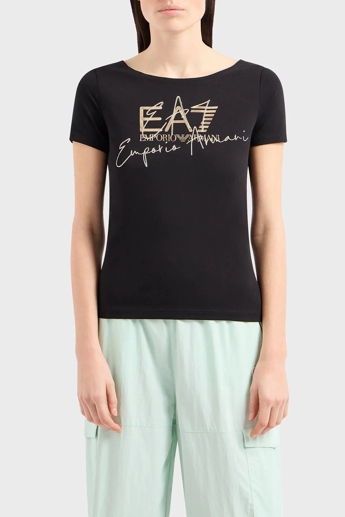 EA7 Logolu % 100 Pamuk Regular Fit Bayan T Shirt 3DTT26 TJFKZ 0200 SİYAH - 1