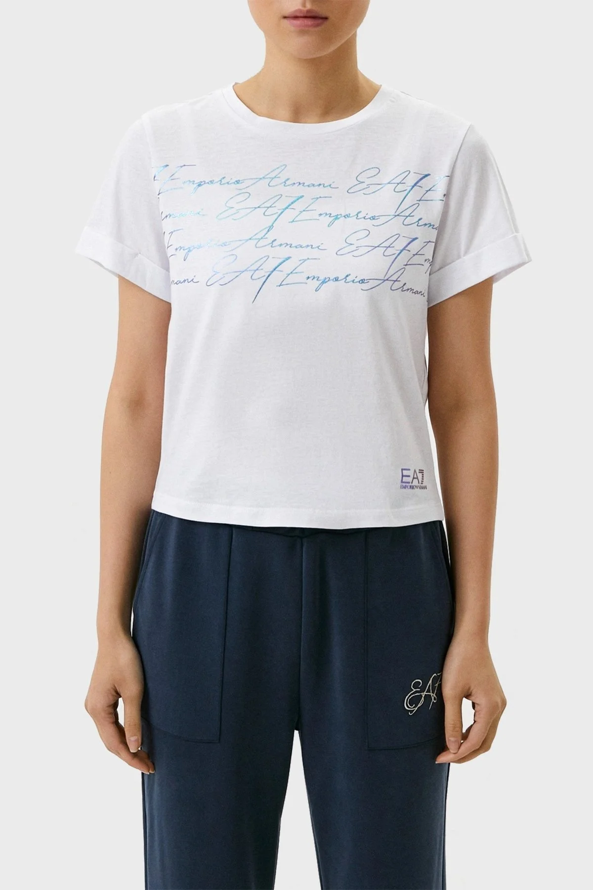EA7 Logolu Bisiklet Yaka % 100 Pamuk Regular Fit Bayan T Shirt 6LTT25 TJDMZ 1100 BEYAZ - 1