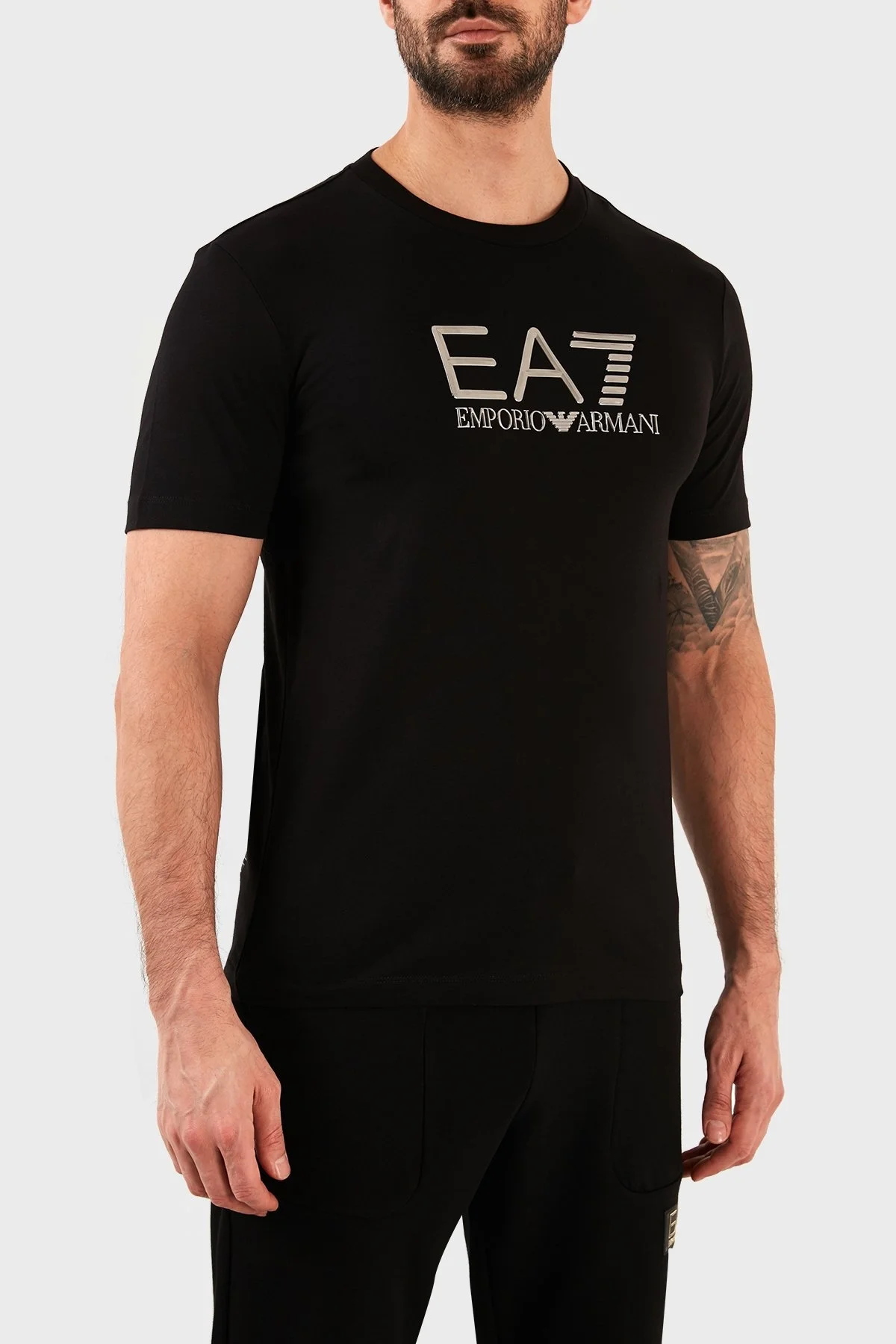 EA7 Logolu Bisiklet Yaka % 100 Pamuk Slim Fit Erkek T Shirt 3RPT71 PJM9Z 1200 SİYAH - 3