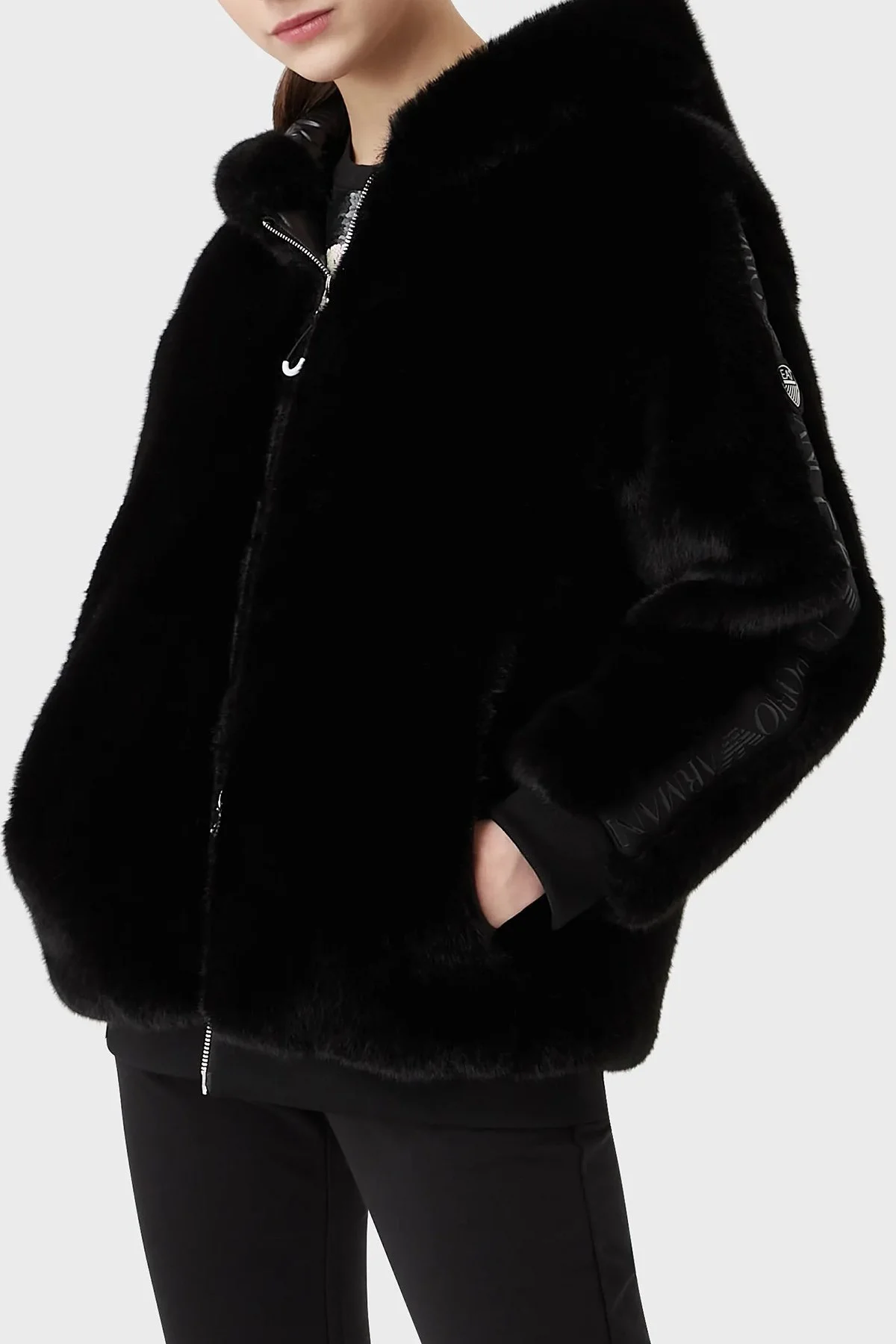 EA7 Logolu Cepli Kapüşonlu Regular Fit Suni Kürk Bayan Mont 6LTB06 TN2ZZ 1200 SİYAH - 1