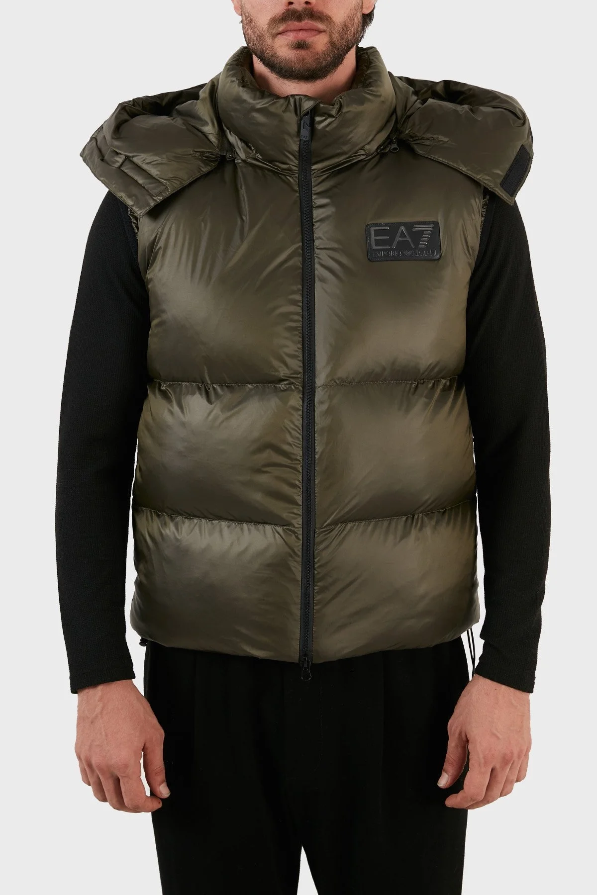 EA7 Logolu Çıkarılabilir Kapüşonlu Regular Fit Şişme Erkek Yelek 6LPQ03 PN2MZ 1866 HAKİ - 1