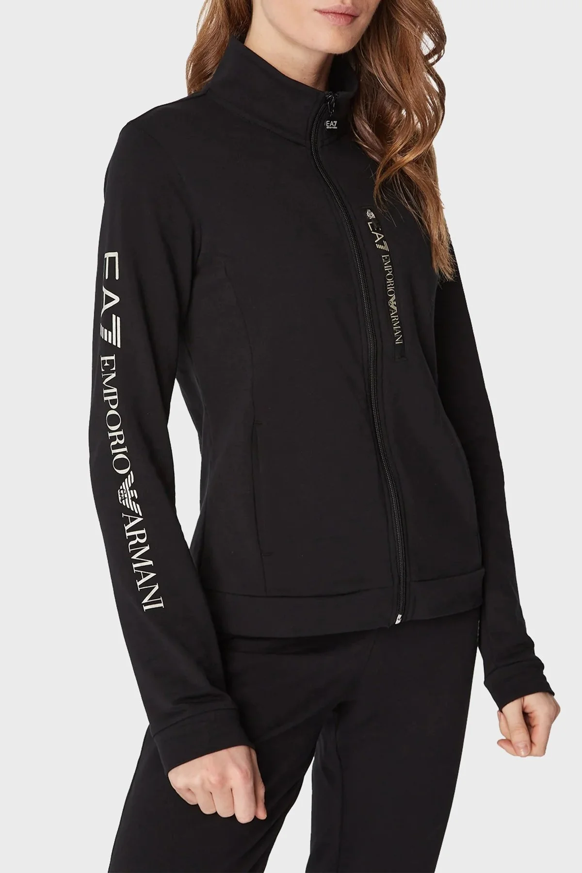 EA7 Logolu Fermuarlı Dik Yaka Pamuklu Slim Fit Bayan Eşofman Takımı 6LTV63 TJFTZ 0200 SİYAH - 3