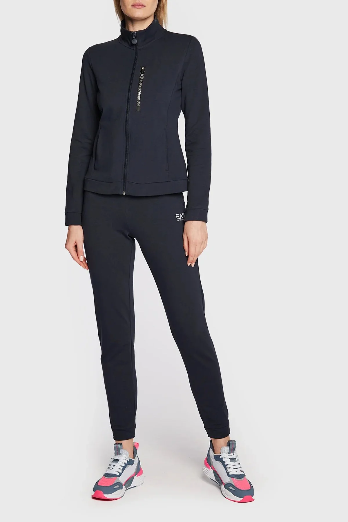 EA7 Logolu Fermuarlı Dik Yaka Pamuklu Slim Fit Bayan Eşofman Takımı 6LTV63 TJFTZ 1554 LACİVERT - 1