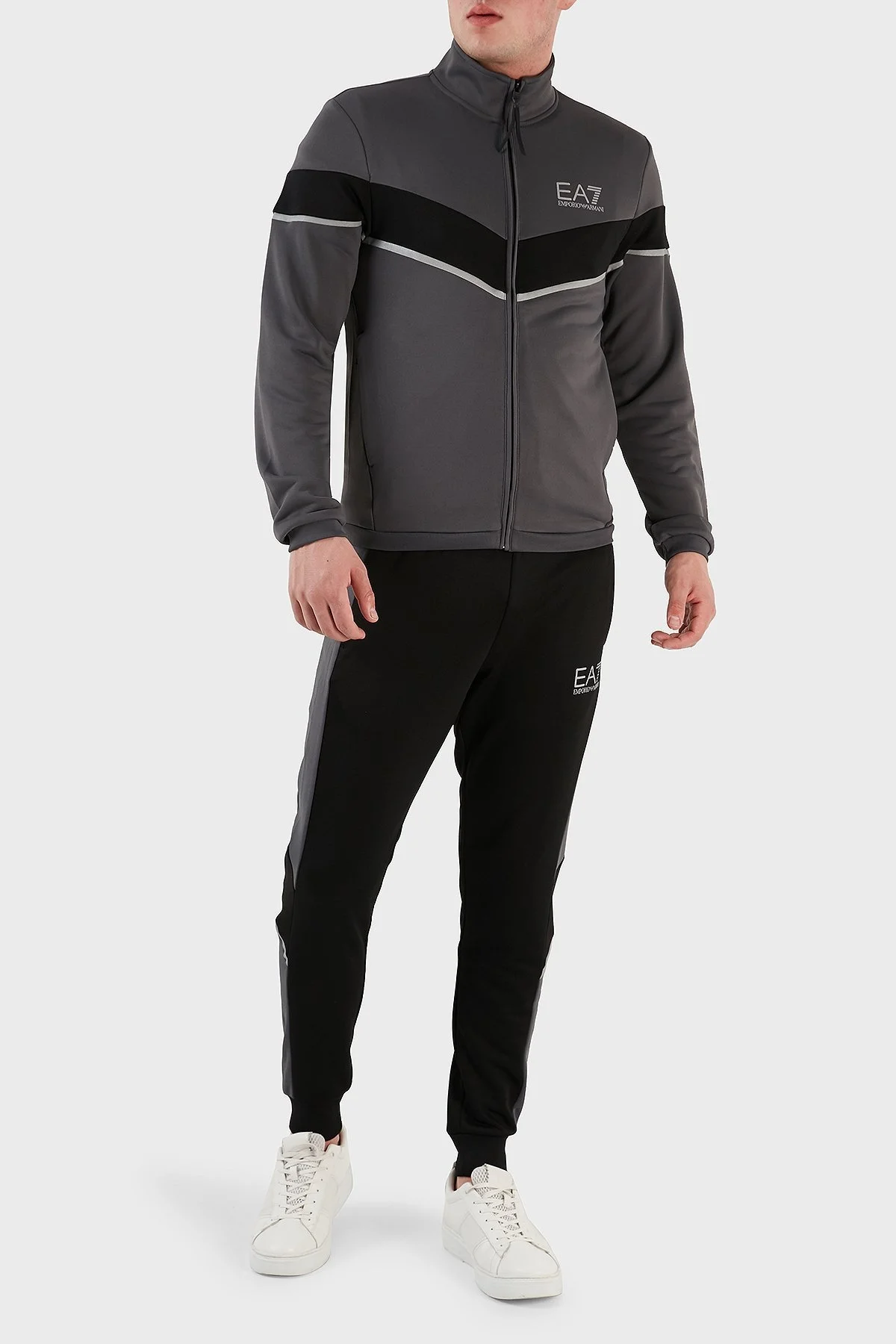 EA7 Logolu Fermuarlı Dik Yaka Regular Fit Erkek Eşofman Takımı 6LPV55 PJ16Z 22BC SİYAH-GRİ - 2