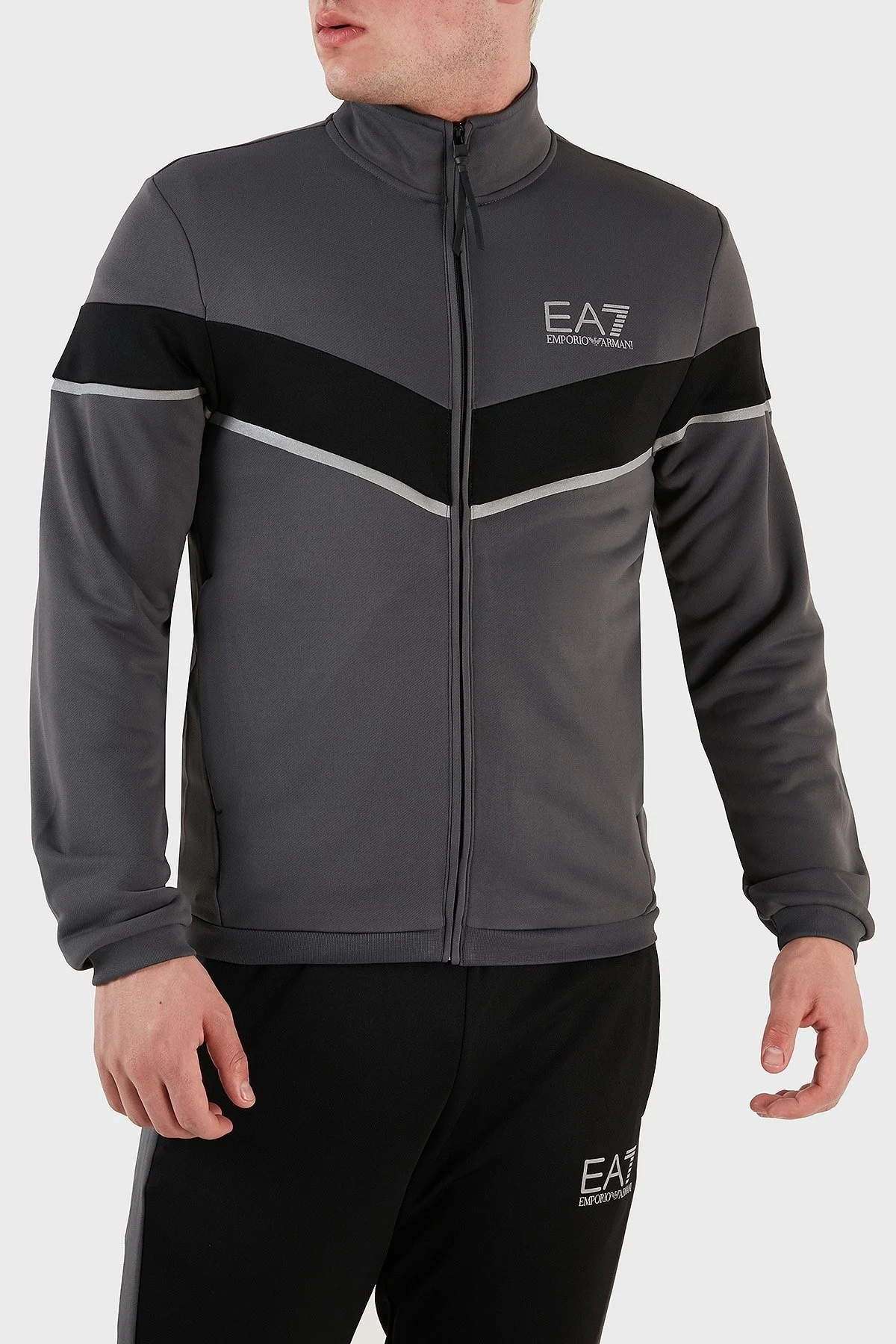 EA7 Logolu Fermuarlı Dik Yaka Regular Fit Erkek Eşofman Takımı 6LPV55 PJ16Z 22BC SİYAH-GRİ - 3