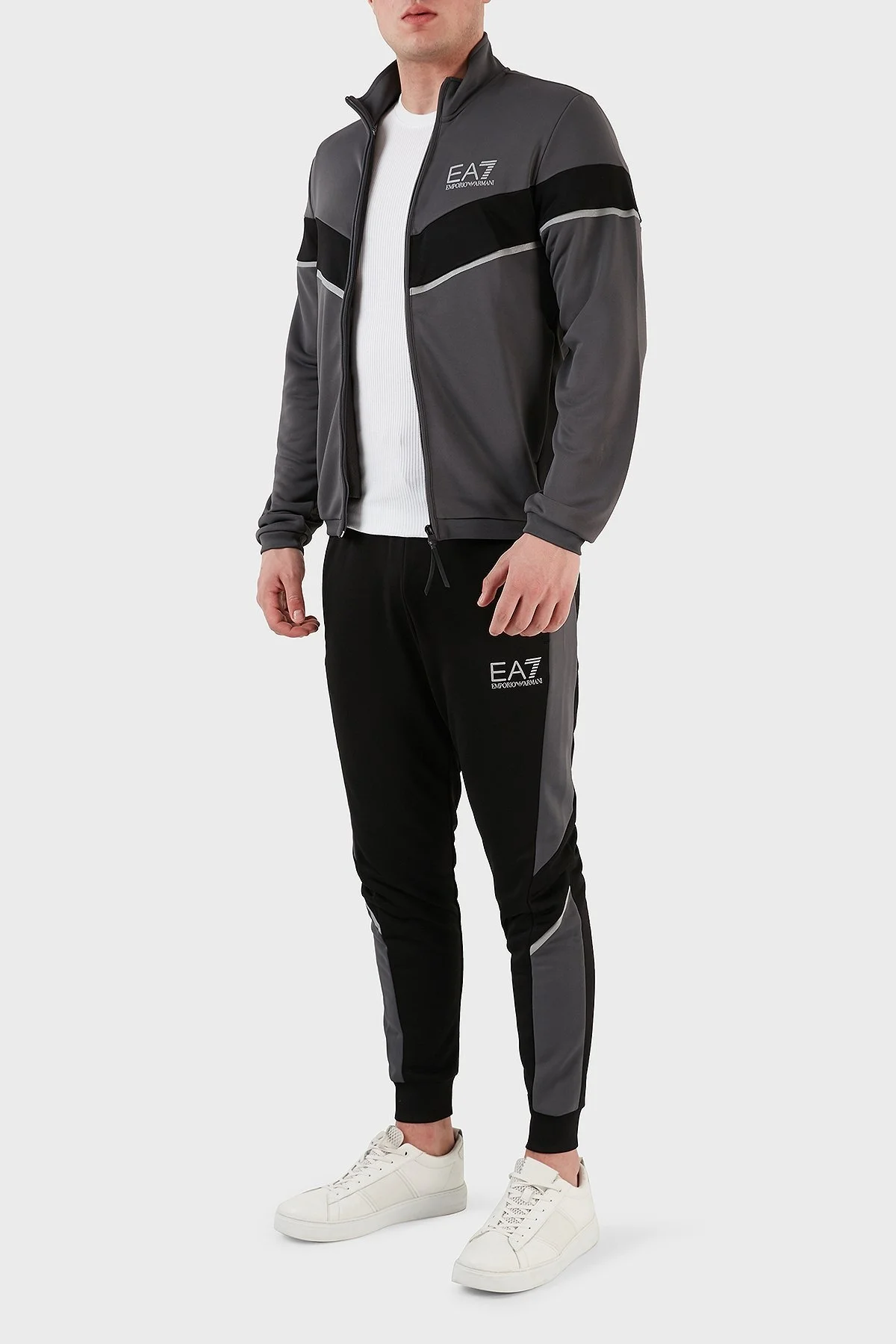 EA7 Logolu Fermuarlı Dik Yaka Regular Fit Erkek Eşofman Takımı 6LPV55 PJ16Z 22BC SİYAH-GRİ - 7