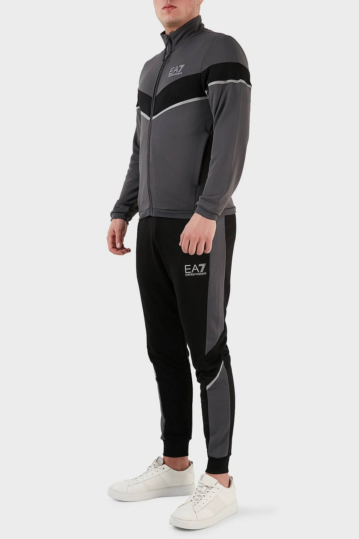EA7 Logolu Fermuarlı Dik Yaka Regular Fit Erkek Eşofman Takımı 6LPV55 PJ16Z 22BC SİYAH-GRİ - 8