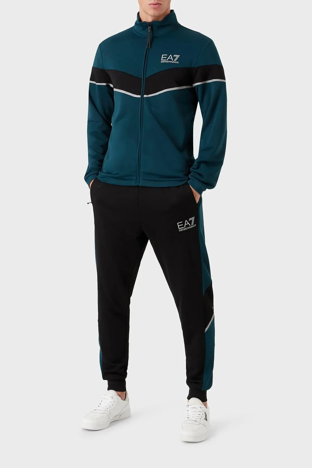 EA7 Logolu Fermuarlı Dik Yaka Regular Fit Erkek Eşofman Takımı 6LPV55 PJ16Z 22CA SİYAH-YEŞİL - 1