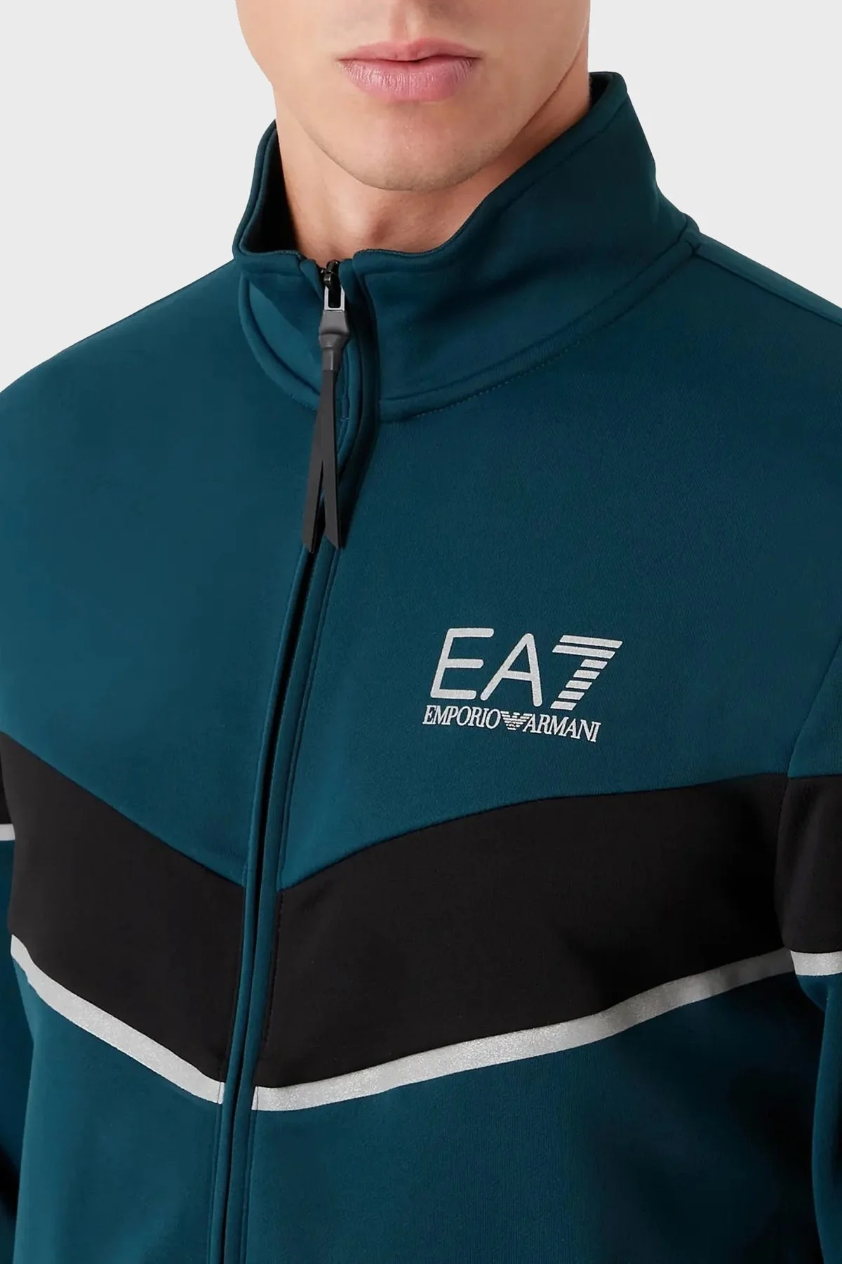 EA7 Logolu Fermuarlı Dik Yaka Regular Fit Erkek Eşofman Takımı 6LPV55 PJ16Z 22CA SİYAH-YEŞİL - 2