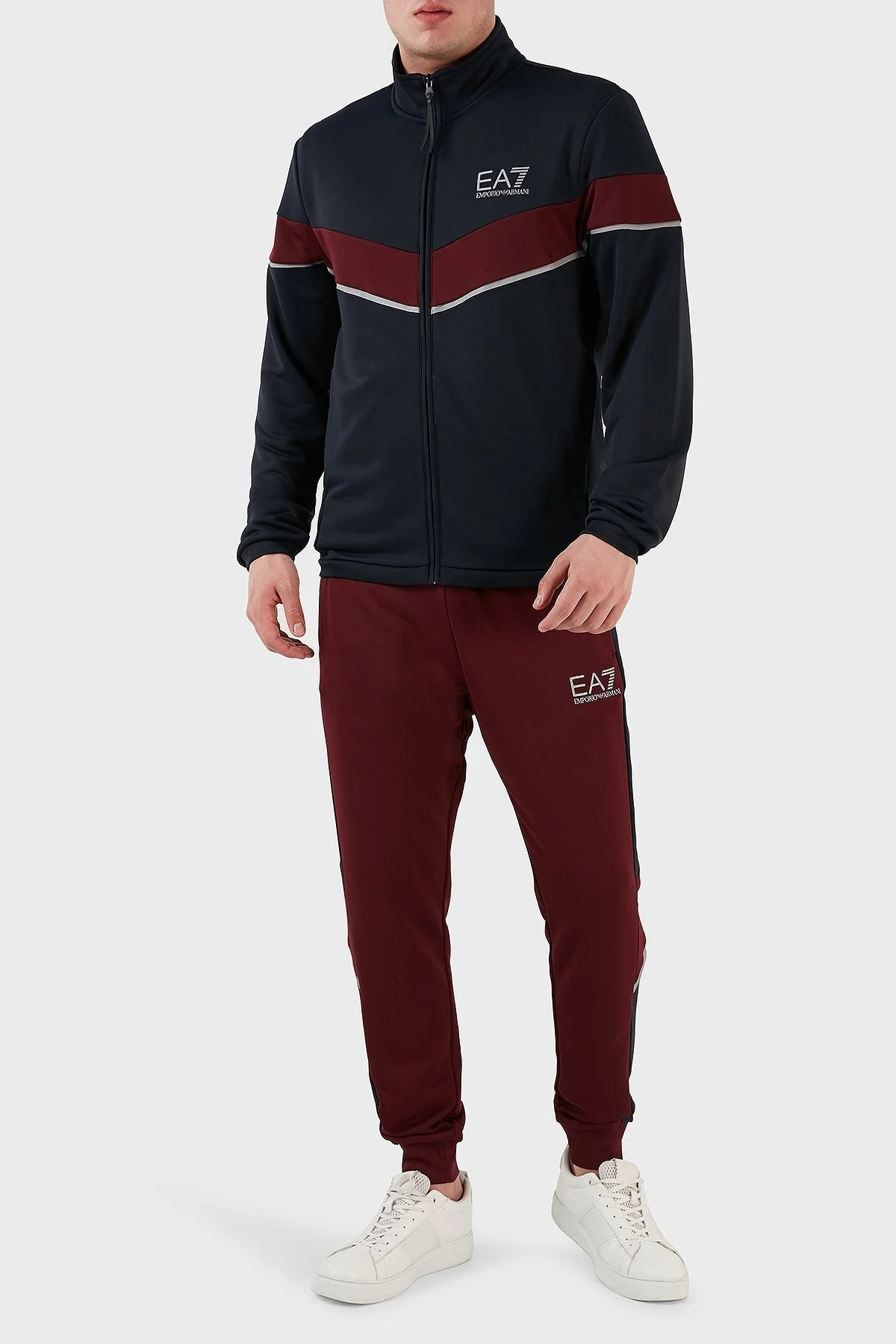EA7 Logolu Fermuarlı Dik Yaka Regular Fit Erkek Eşofman Takımı 6LPV55 PJ16Z 25BY LACİVERT-BORDO - 1
