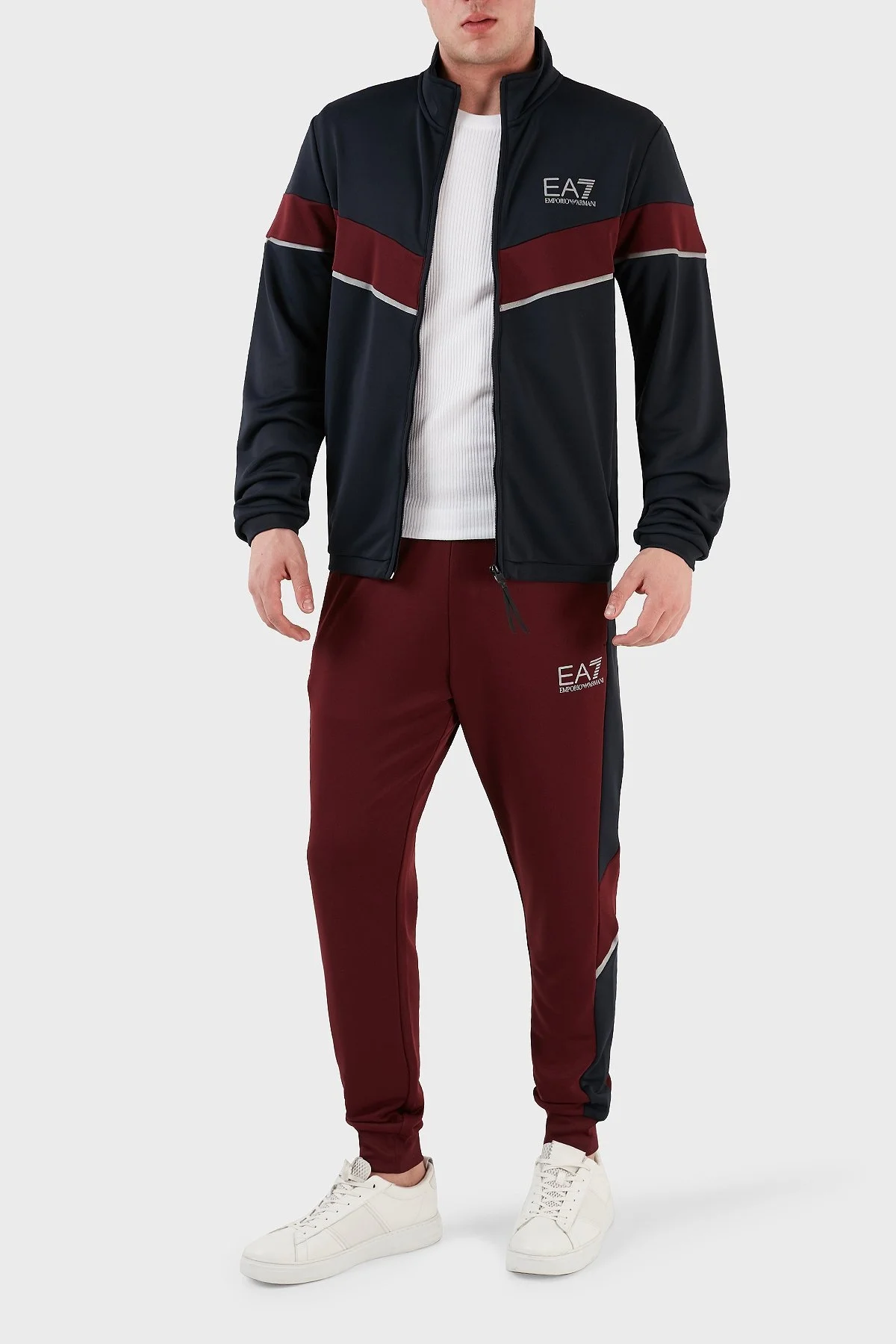 EA7 Logolu Fermuarlı Dik Yaka Regular Fit Erkek Eşofman Takımı 6LPV55 PJ16Z 25BY LACİVERT-BORDO - 2