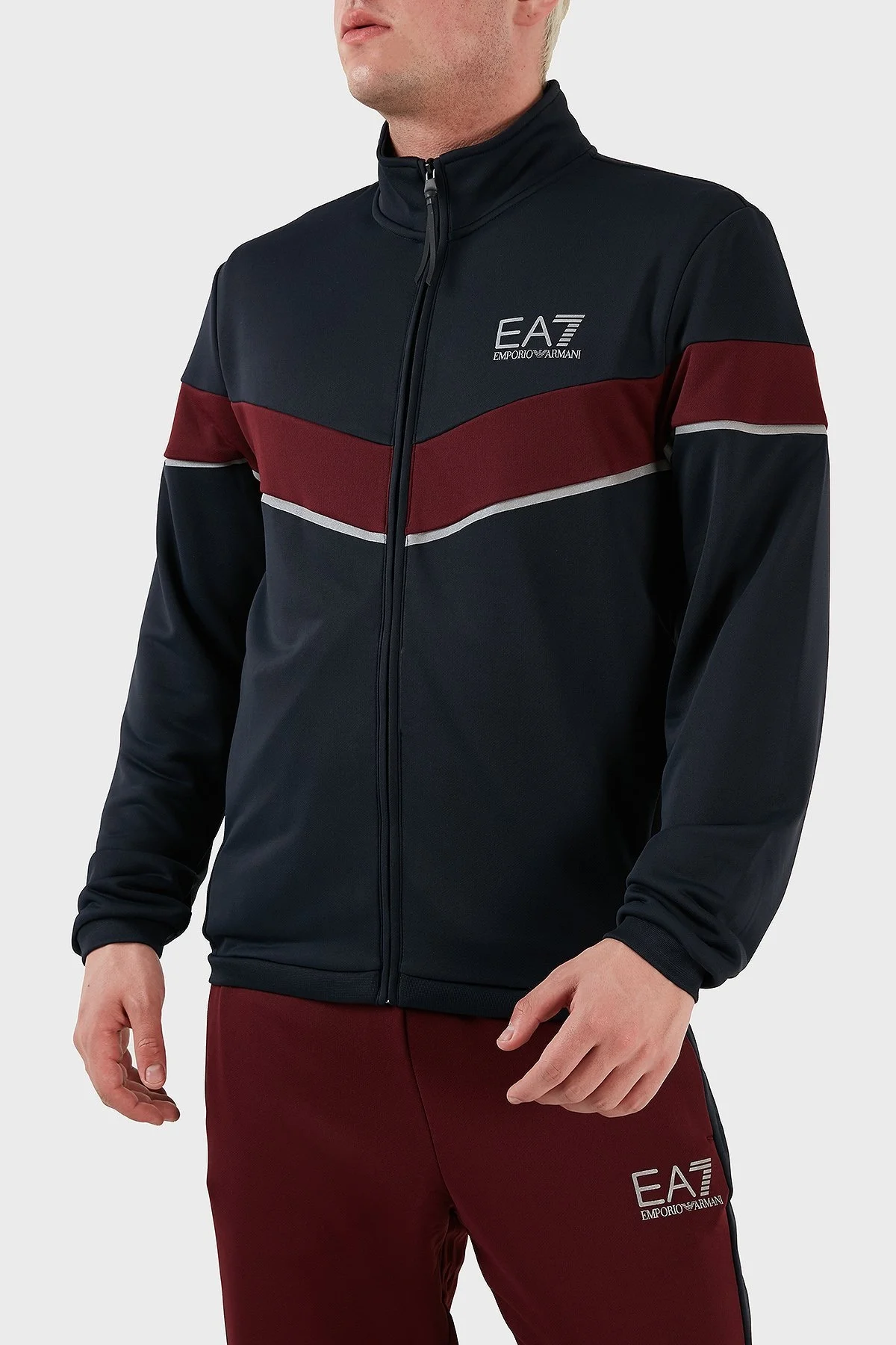 EA7 Logolu Fermuarlı Dik Yaka Regular Fit Erkek Eşofman Takımı 6LPV55 PJ16Z 25BY LACİVERT-BORDO - 3