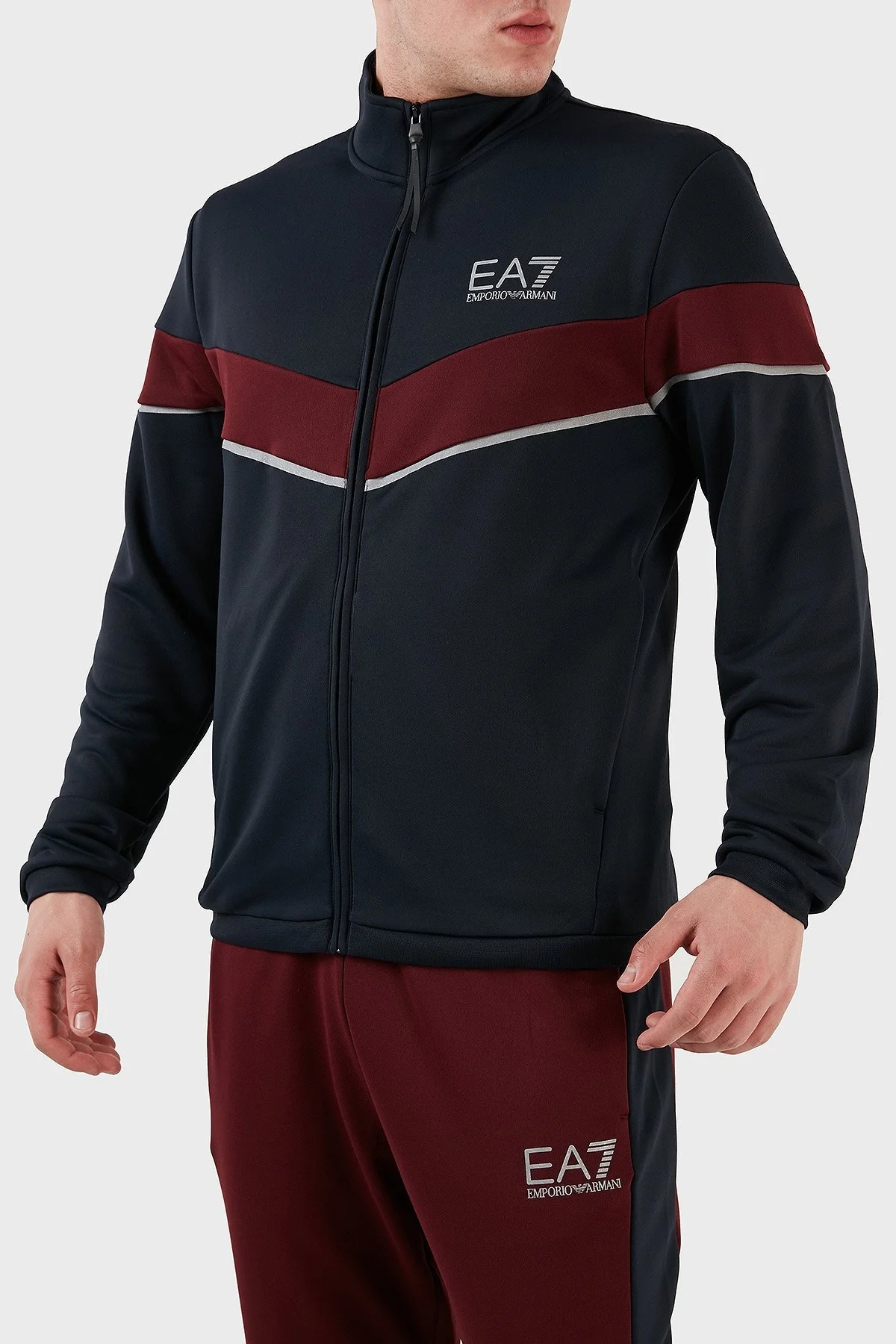 EA7 Logolu Fermuarlı Dik Yaka Regular Fit Erkek Eşofman Takımı 6LPV55 PJ16Z 25BY LACİVERT-BORDO - 8