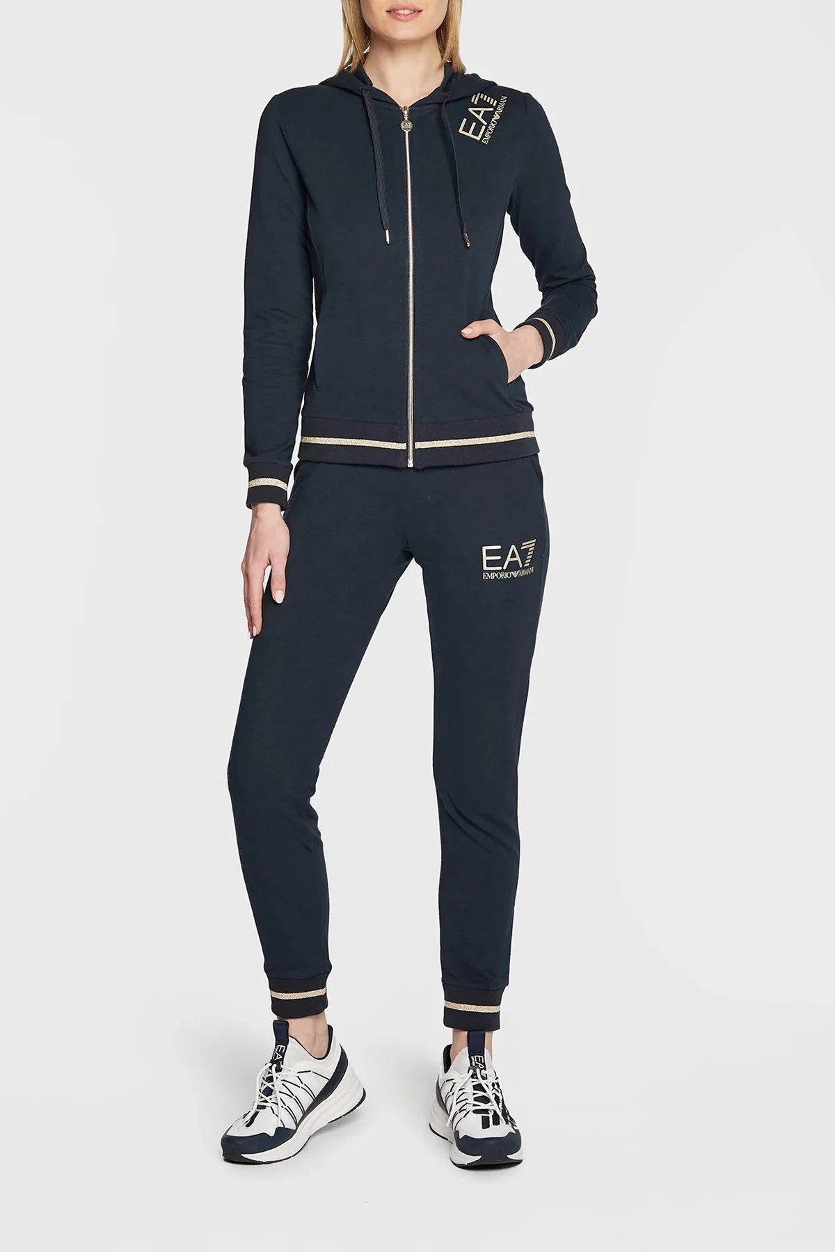 EA7 Logolu Fermuarlı Pamuklu Kapüşonlu Regular Fit Bayan Eşofman Takımı 6LTV53 TJCQZ 1554 LACİVERT - 1