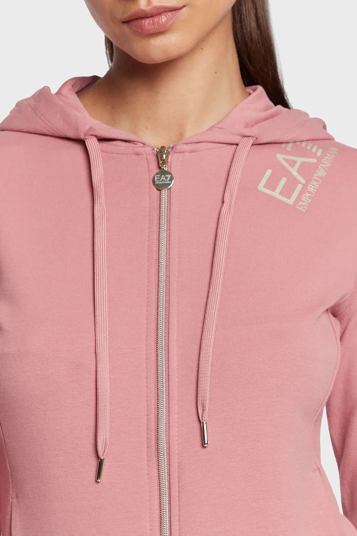 EA7 Logolu Fermuarlı Pamuklu Kapüşonlu Regular Fit Bayan Eşofman Takımı 6LTV53 TJCQZ 24BD SİYAH-PEMBE - 7