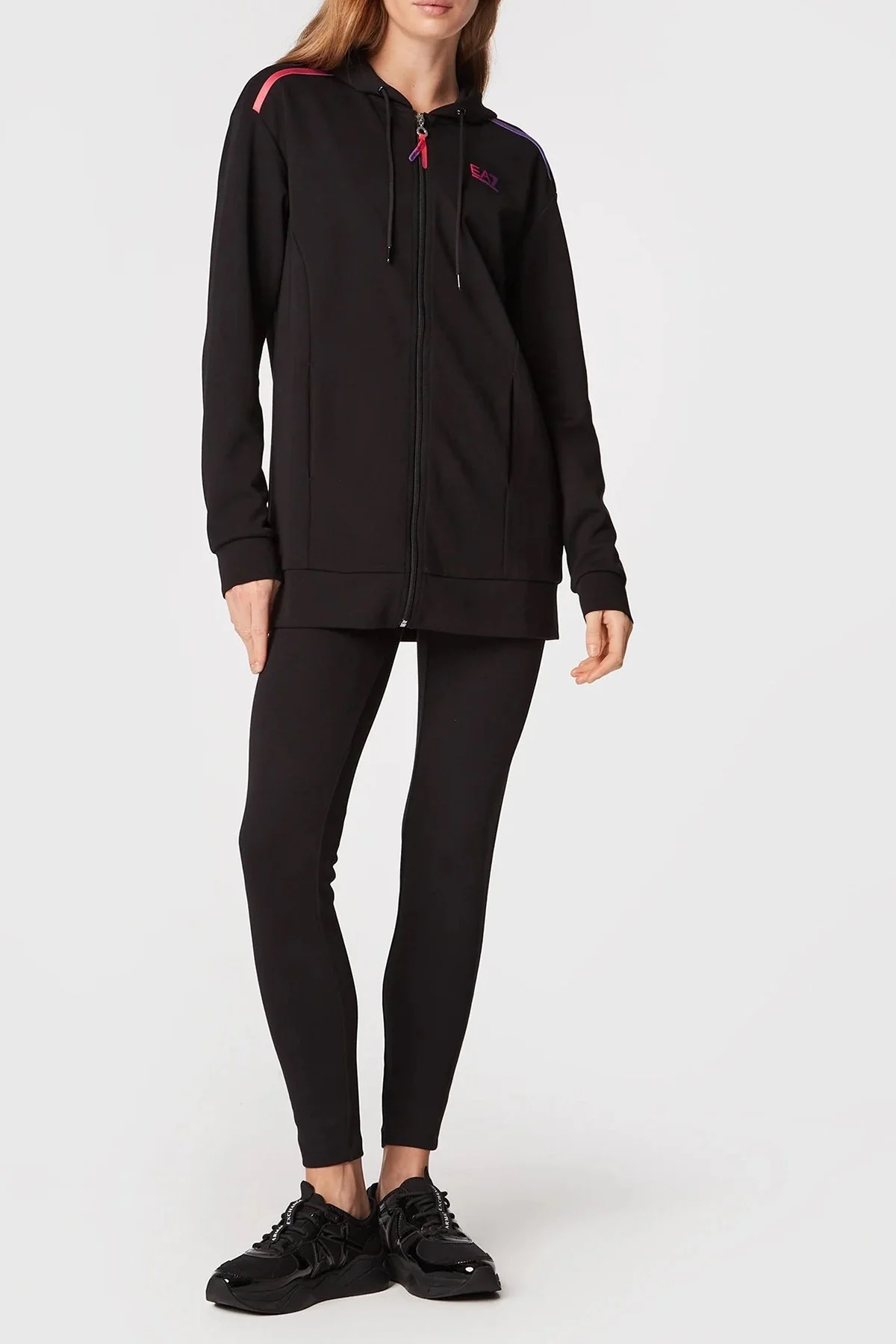 EA7 Logolu Fermuarlı Regular Fit Yüksek Bel Taytlı Alt Üst Bayan Takım 6LTV51 TJCZZ 1200 SİYAH - 1