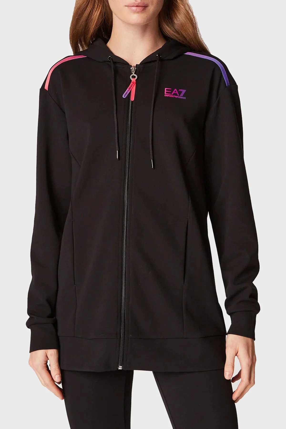 EA7 Logolu Fermuarlı Regular Fit Yüksek Bel Taytlı Alt Üst Bayan Takım 6LTV51 TJCZZ 1200 SİYAH - 2