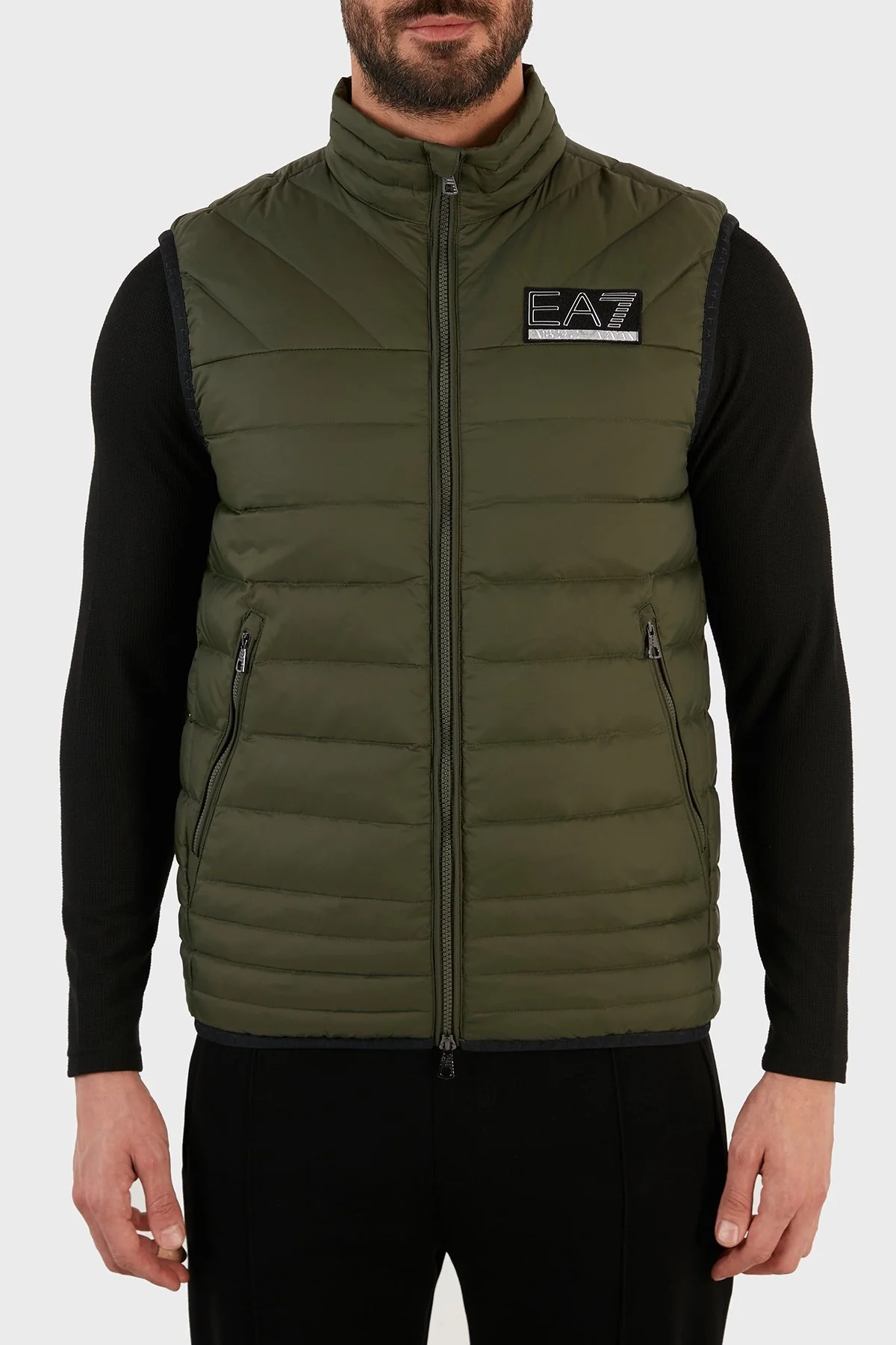EA7 Logolu Ördek Tüyü Dolgulu Dik Yaka Regular Fit Şişme Erkek Yelek S 6KPQ02 PNR4Z 1852 HAKİ - 1