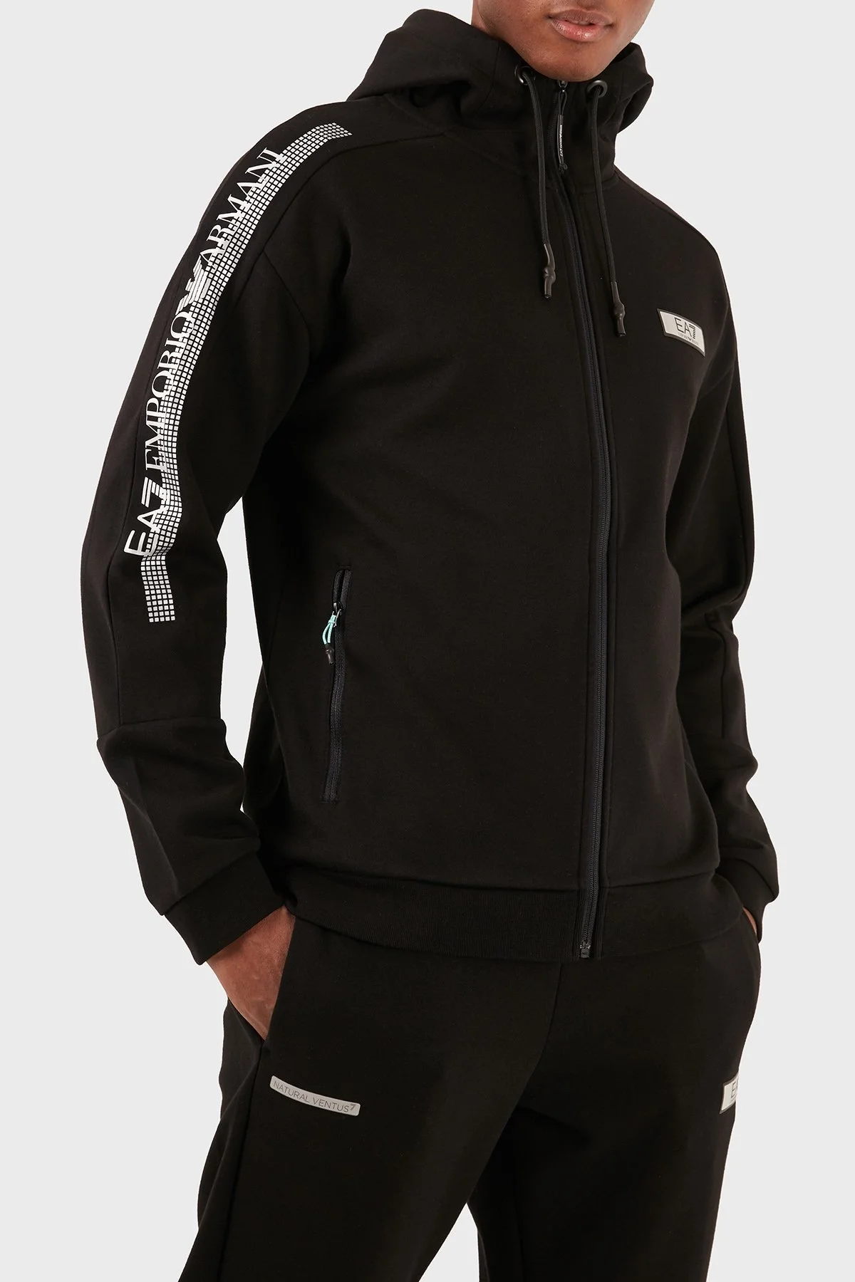 EA7 Logolu Pamuk Karışımlı Kapüşonlu Fermuarlı Cepli Erkek Eşofman Takımı 3DPV61 PJUWZ 1200 SİYAH - 2