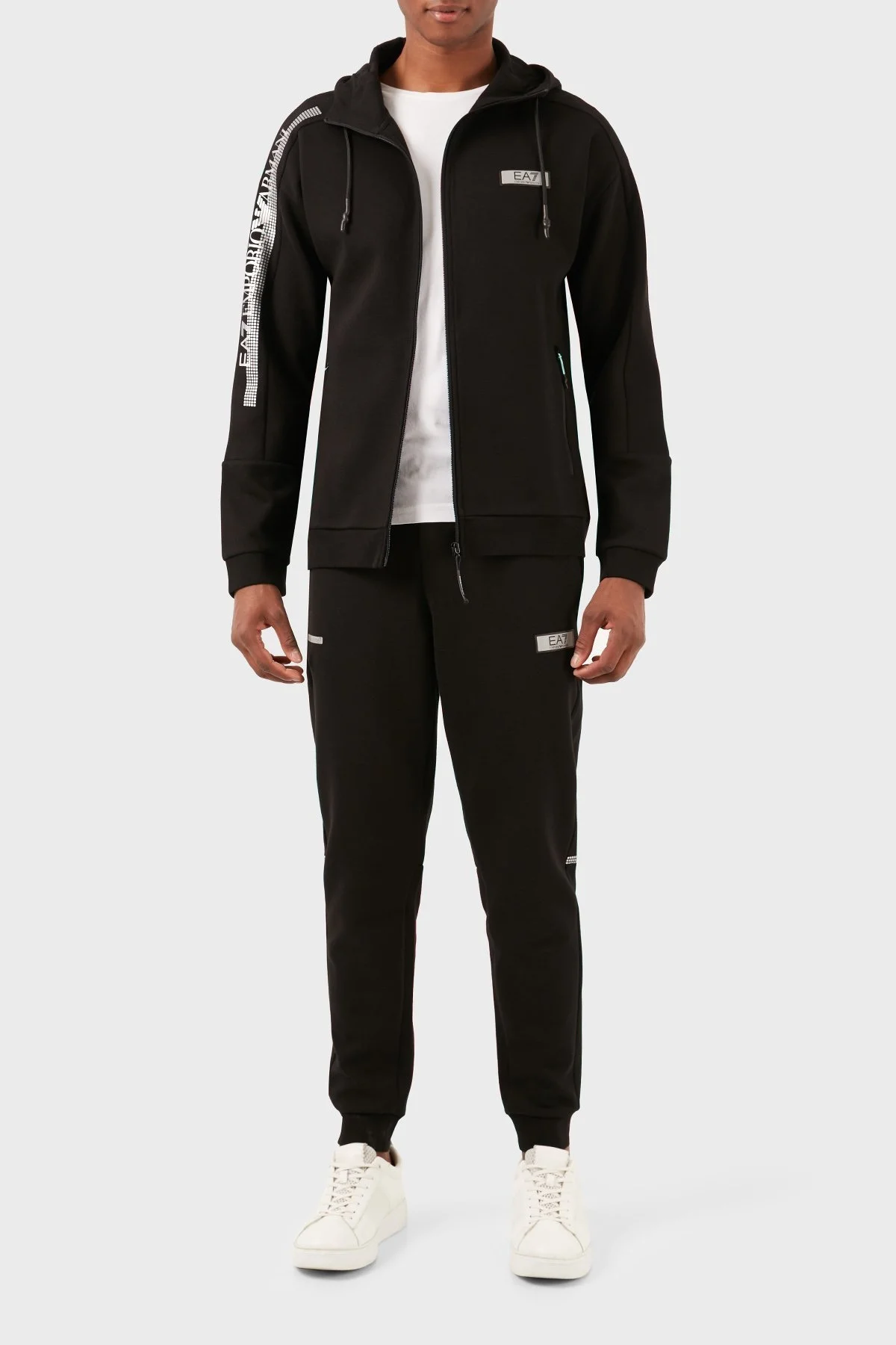 EA7 Logolu Pamuk Karışımlı Kapüşonlu Fermuarlı Cepli Erkek Eşofman Takımı 3DPV61 PJUWZ 1200 SİYAH - 4