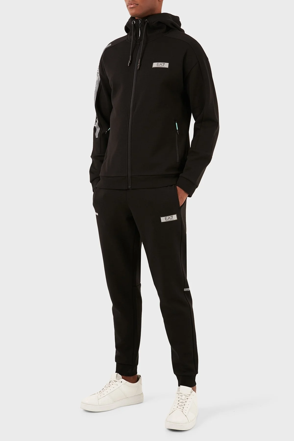 EA7 Logolu Pamuk Karışımlı Kapüşonlu Fermuarlı Cepli Erkek Eşofman Takımı 3DPV61 PJUWZ 1200 SİYAH - 6