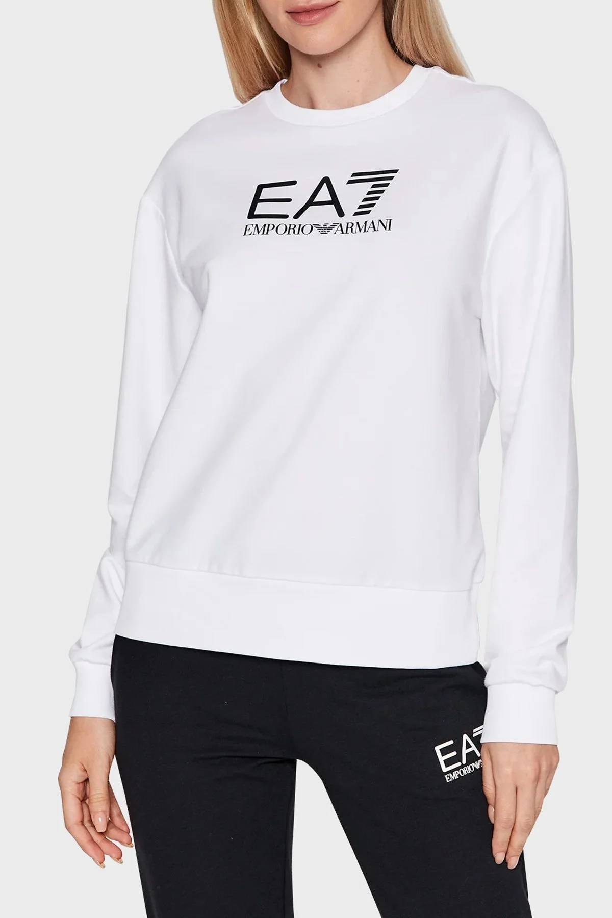 EA7 Logolu Pamuklu Bisiklet Yaka Cepli Regular Fit Bayan Eşofman Takımı 6LTV57 TJCQZ 22BA SİYAH-BEYAZ - 2