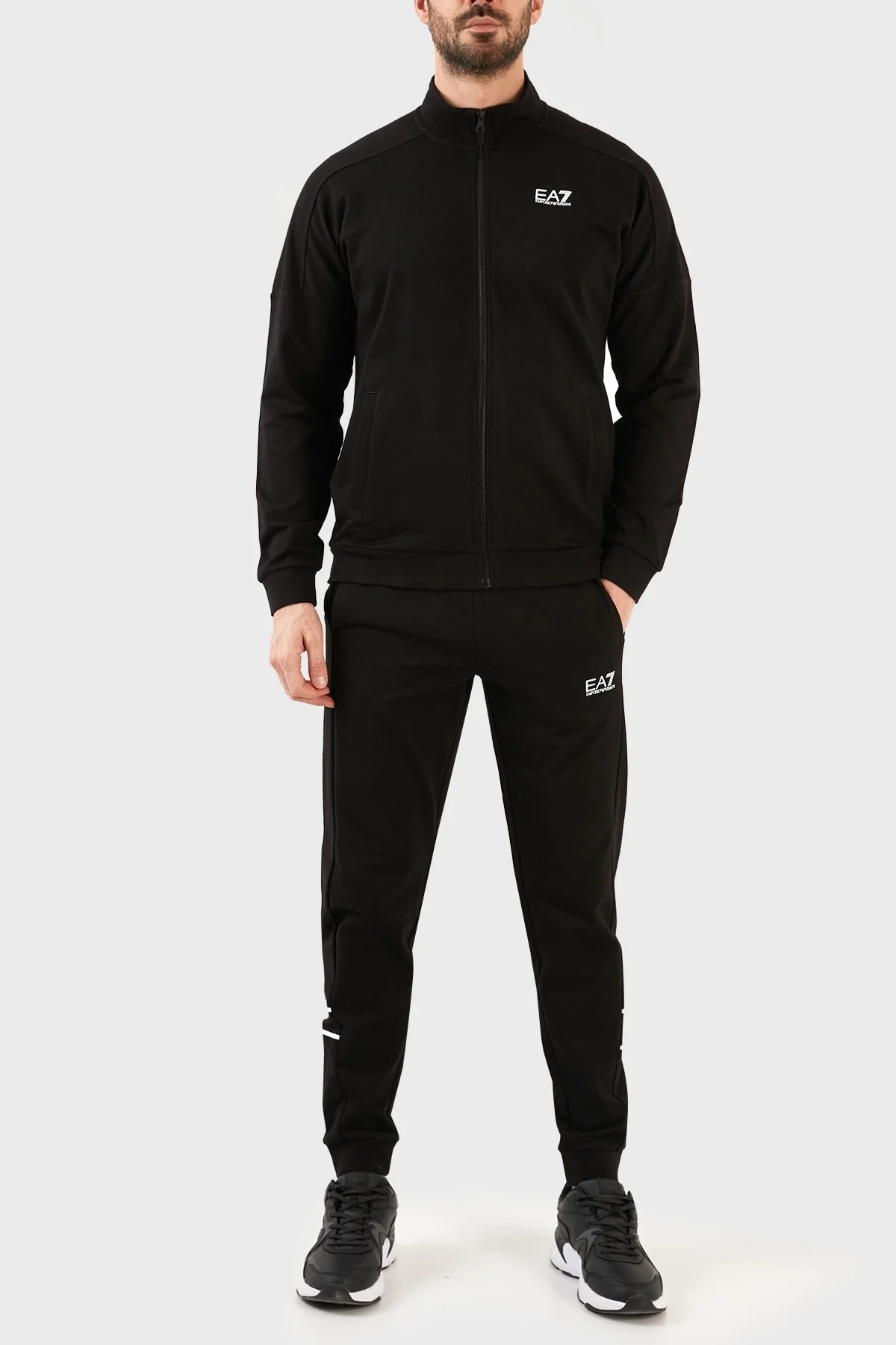 EA7 Logolu Pamuklu Fermuarlı Dik Yaka Regular Fit Erkek Eşofman Takımı 3RPV66 PJ05Z 0200 SİYAH - 1