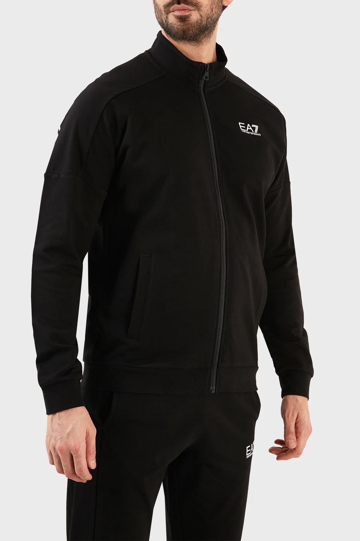 EA7 Logolu Pamuklu Fermuarlı Dik Yaka Regular Fit Erkek Eşofman Takımı 3RPV66 PJ05Z 0200 SİYAH - 2