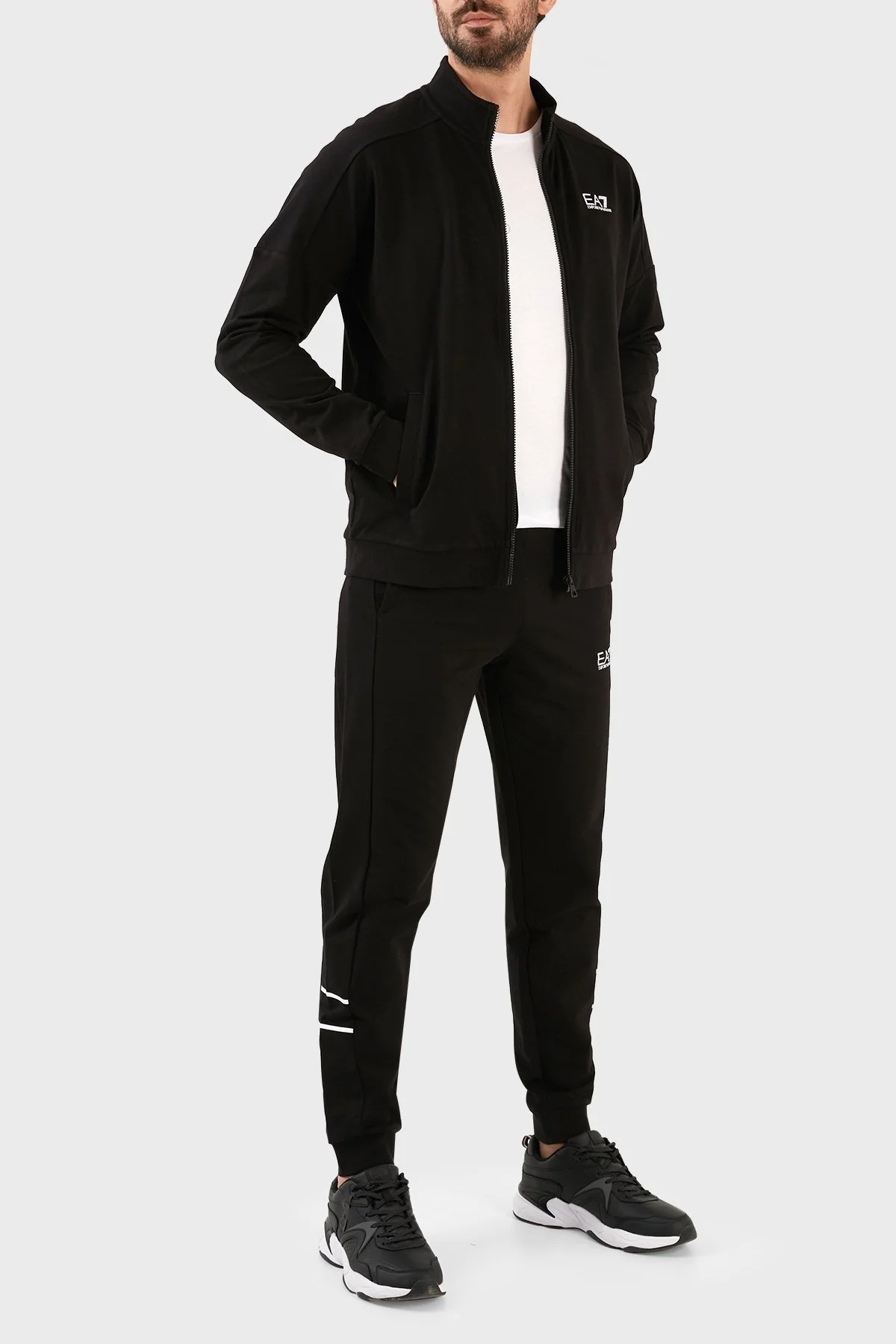 EA7 Logolu Pamuklu Fermuarlı Dik Yaka Regular Fit Erkek Eşofman Takımı 3RPV66 PJ05Z 0200 SİYAH - 5