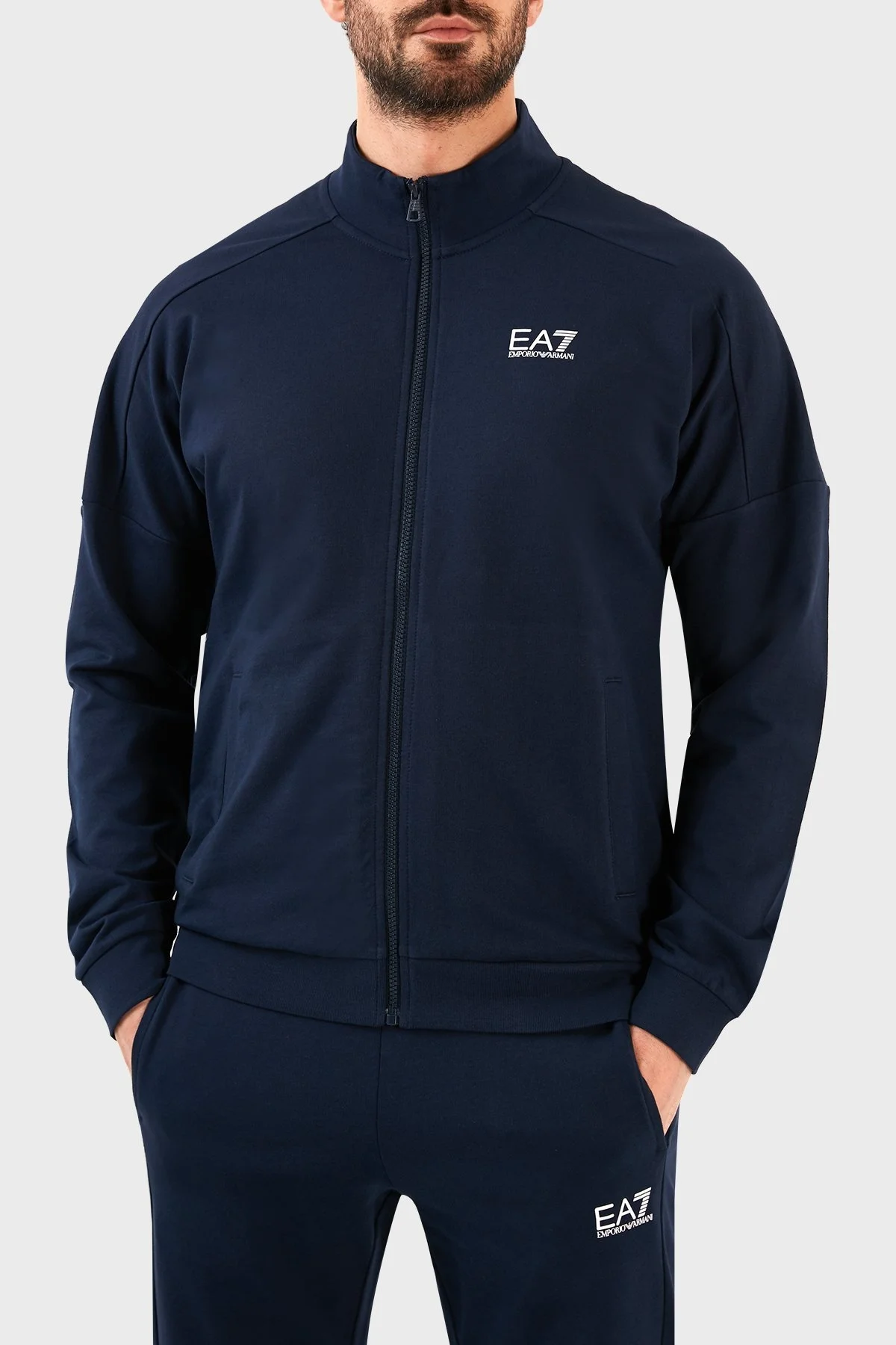 EA7 Logolu Pamuklu Fermuarlı Dik Yaka Regular Fit Erkek Eşofman Takımı 3RPV66 PJ05Z 1554 LACİVERT - 2
