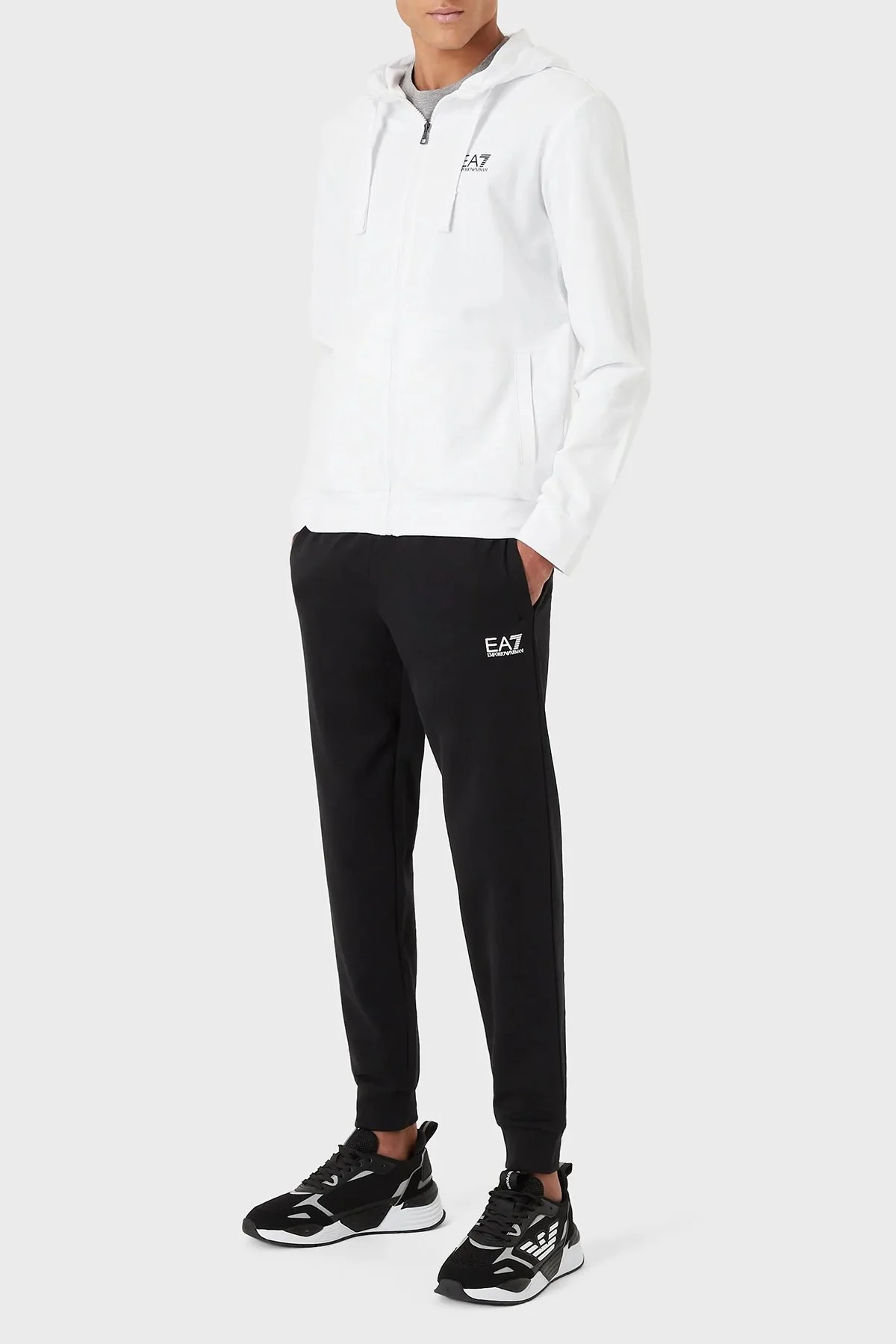 EA7 Logolu Pamuklu Fermuarlı Kapüşonlu Yaka Regular Fit Erkek Eşofman Takımı 8NPV80 PJ05Z 22BA BEYAZ-SİYAH - 1