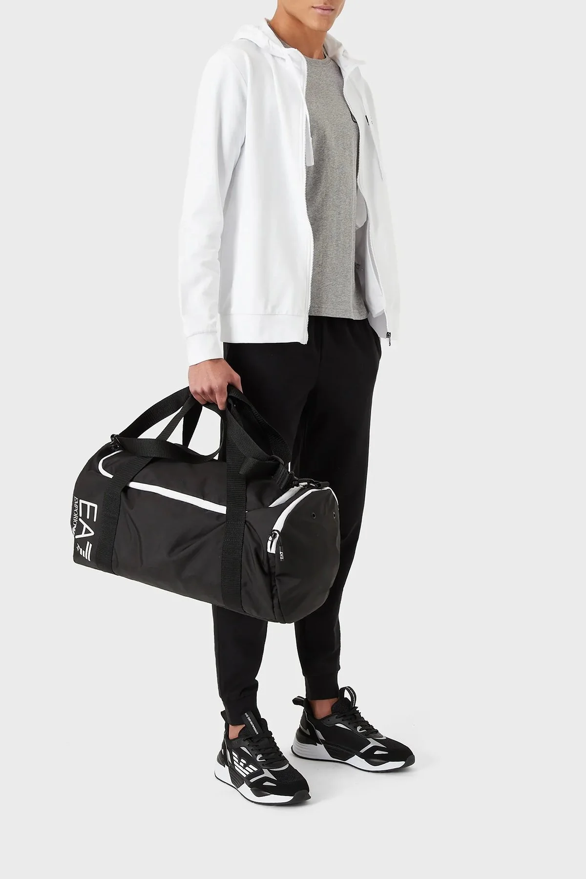 EA7 Logolu Pamuklu Fermuarlı Kapüşonlu Yaka Regular Fit Erkek Eşofman Takımı 8NPV80 PJ05Z 22BA BEYAZ-SİYAH - 2