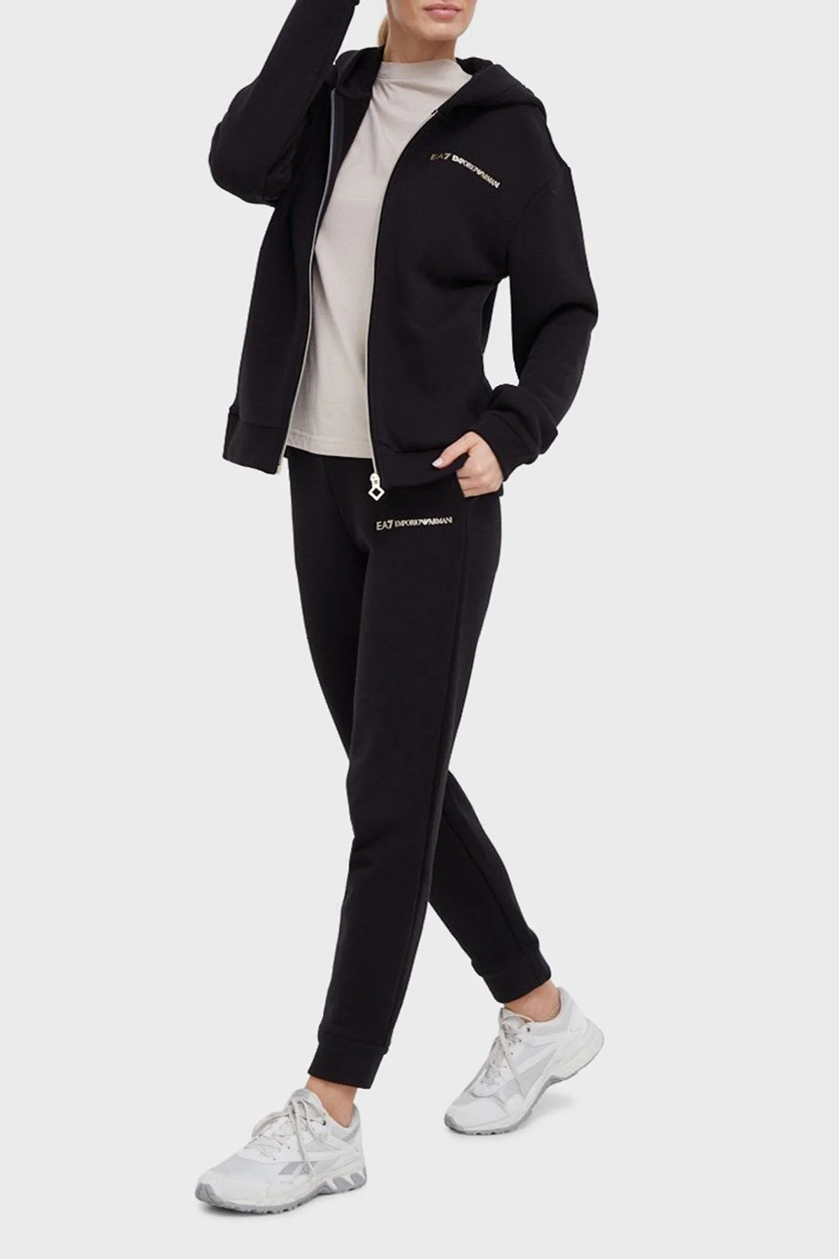 EA7 Logolu Regular Fit Fermuarlı Cepli Spor Eşofman Takım Bayan Eşofman Takımı 6LTV55 TJGDZ 1200 SİYAH - 1